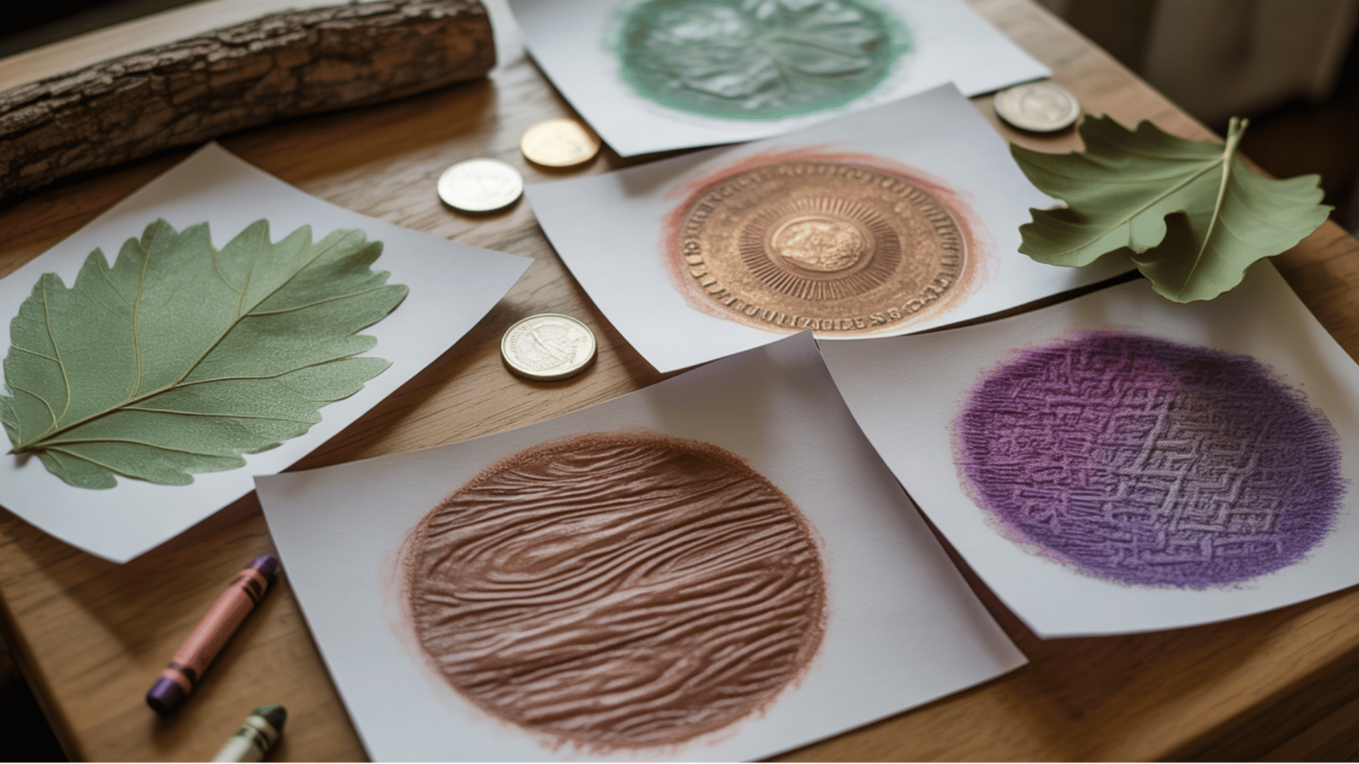 texture rubbing art using crayons, coins, and leaves to create patterns on paper.