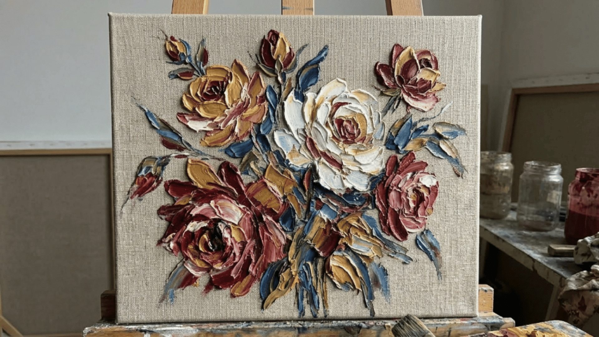 thick impasto acrylic paint strokes forming textured flower petals on canvas surface