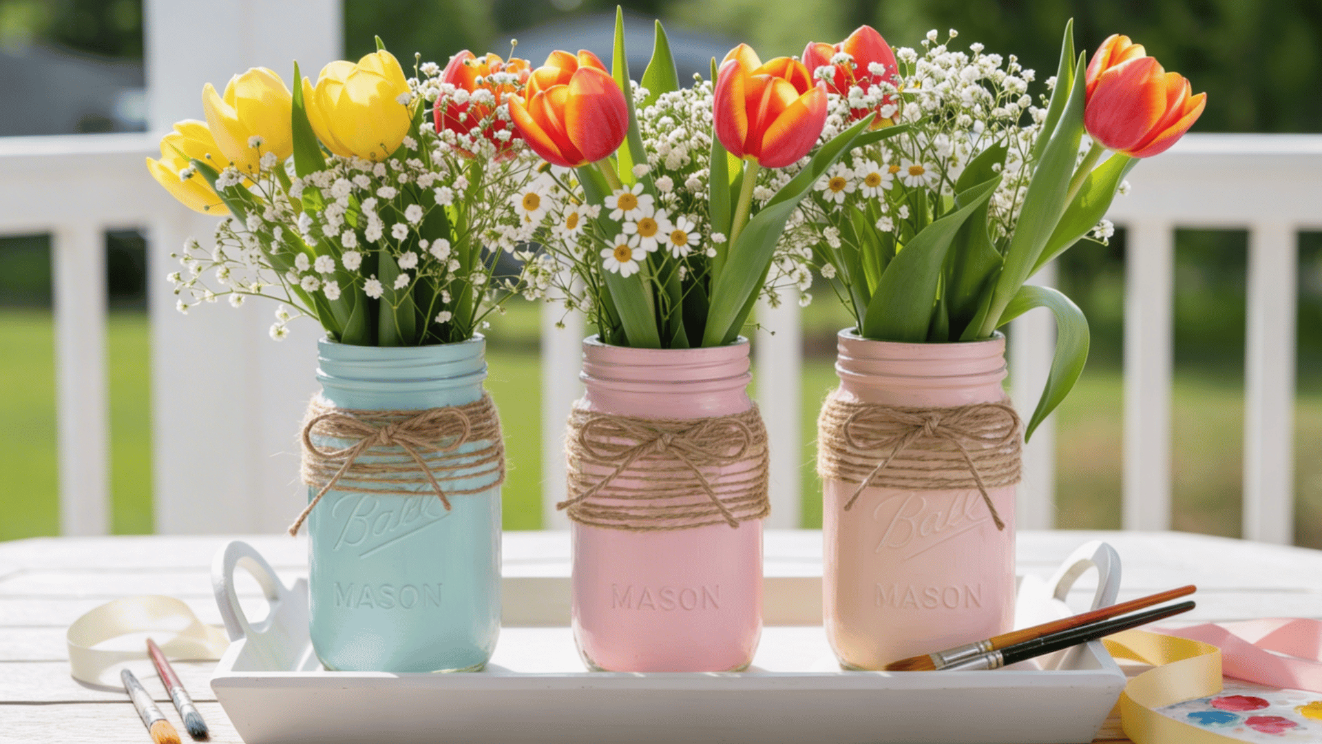 three painted mason jars in pastel blue, pink, and peach hold colorful tulips and baby's breath on a white wooden tray.
