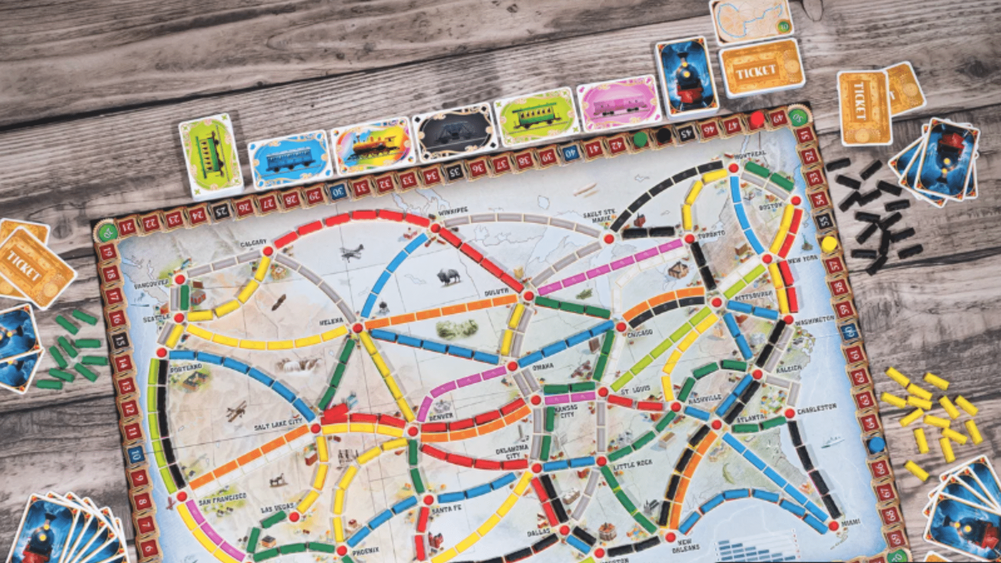 ticket to ride board game box showing players and a train with an industrial background