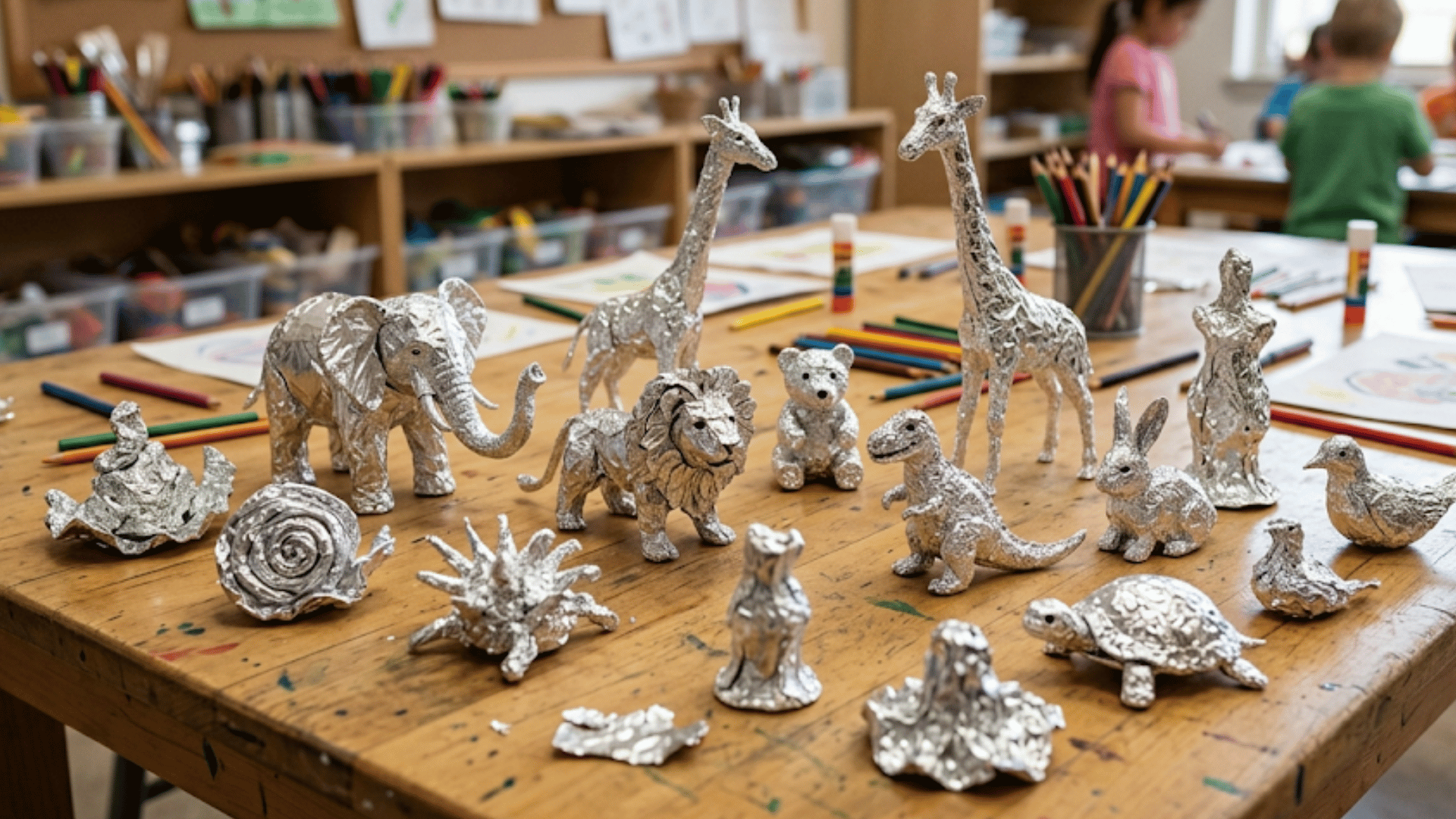 tin foil sculpture art made by kids in animal and abstract shapes kept on a table