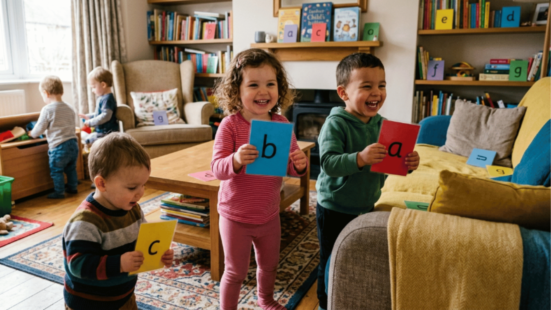 toddlers finding alphabet letters around living room during fun indoor learning activity