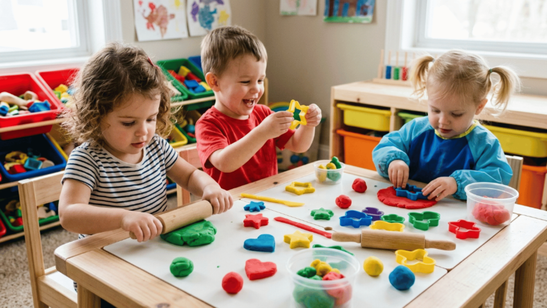 toddlers shaping bright playdough into animals stars and simple shapes on a table during fun indoor play time