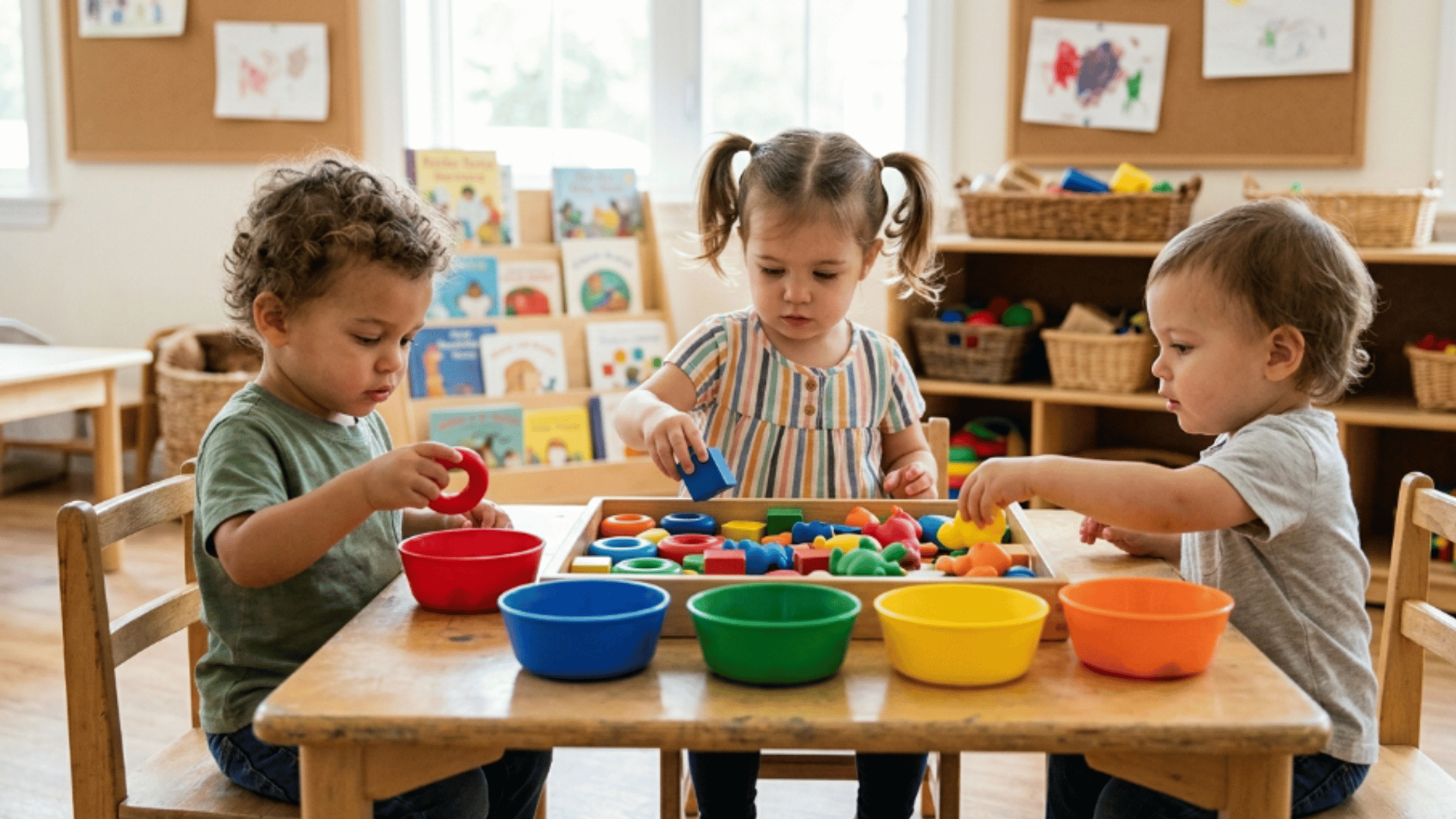 toddlers sorting colorful pom poms into bowls based on color during indoor learning game