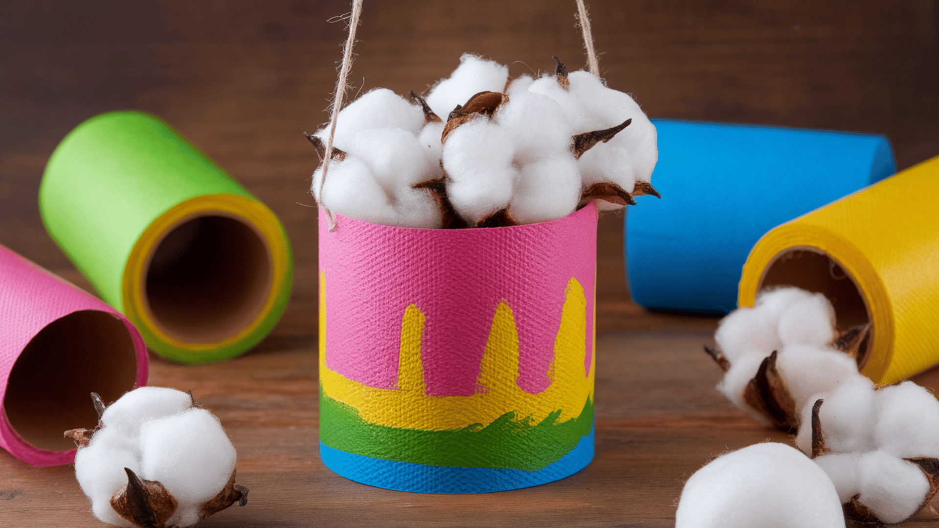 toilet paper roll painted with bright colors, cotton balls soaked in sugar water inside, hung with string