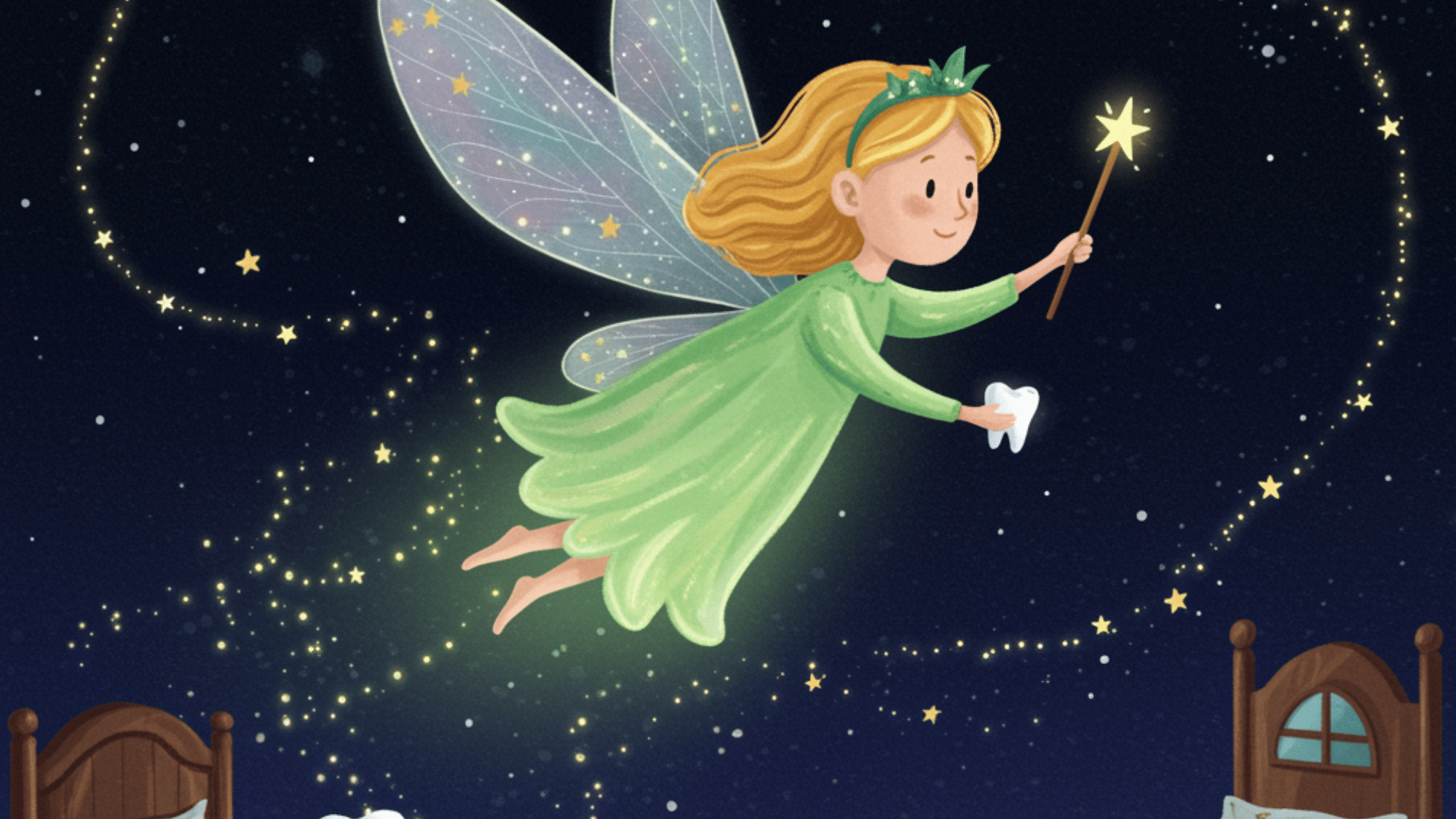 tooth fairy flying through the night sky with a glowing wand and tooth in hand, leaving stars behind (1)
