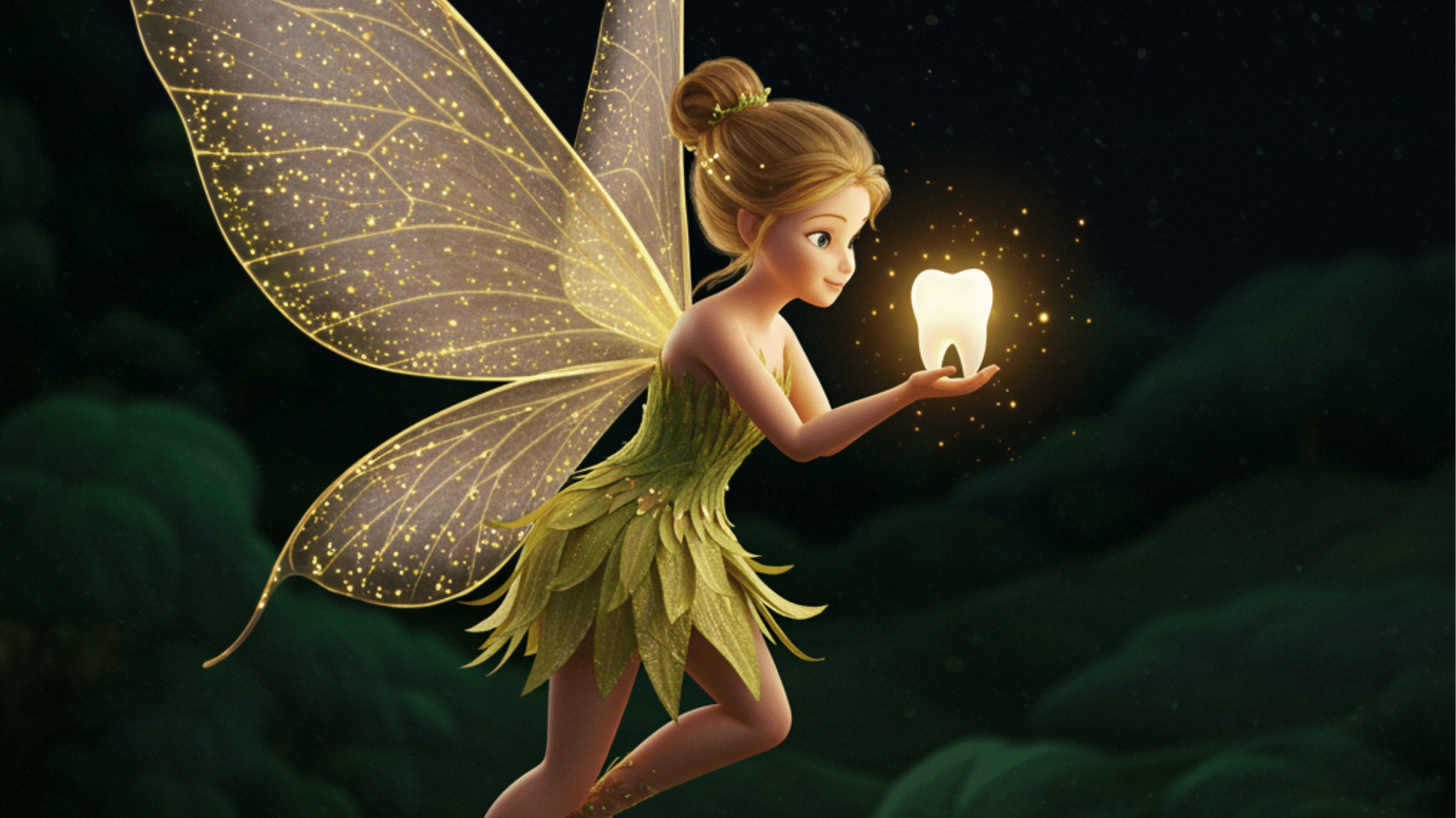 tooth fairy with delicate wings holding a glowing tooth in a dark forest