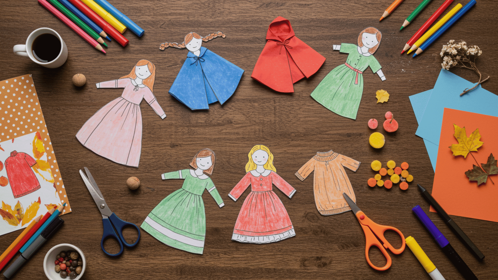 top-down flat lay of handmade paper dolls, colorful outfits, scissors, pencils, and autumn craft supplies on wooden table.