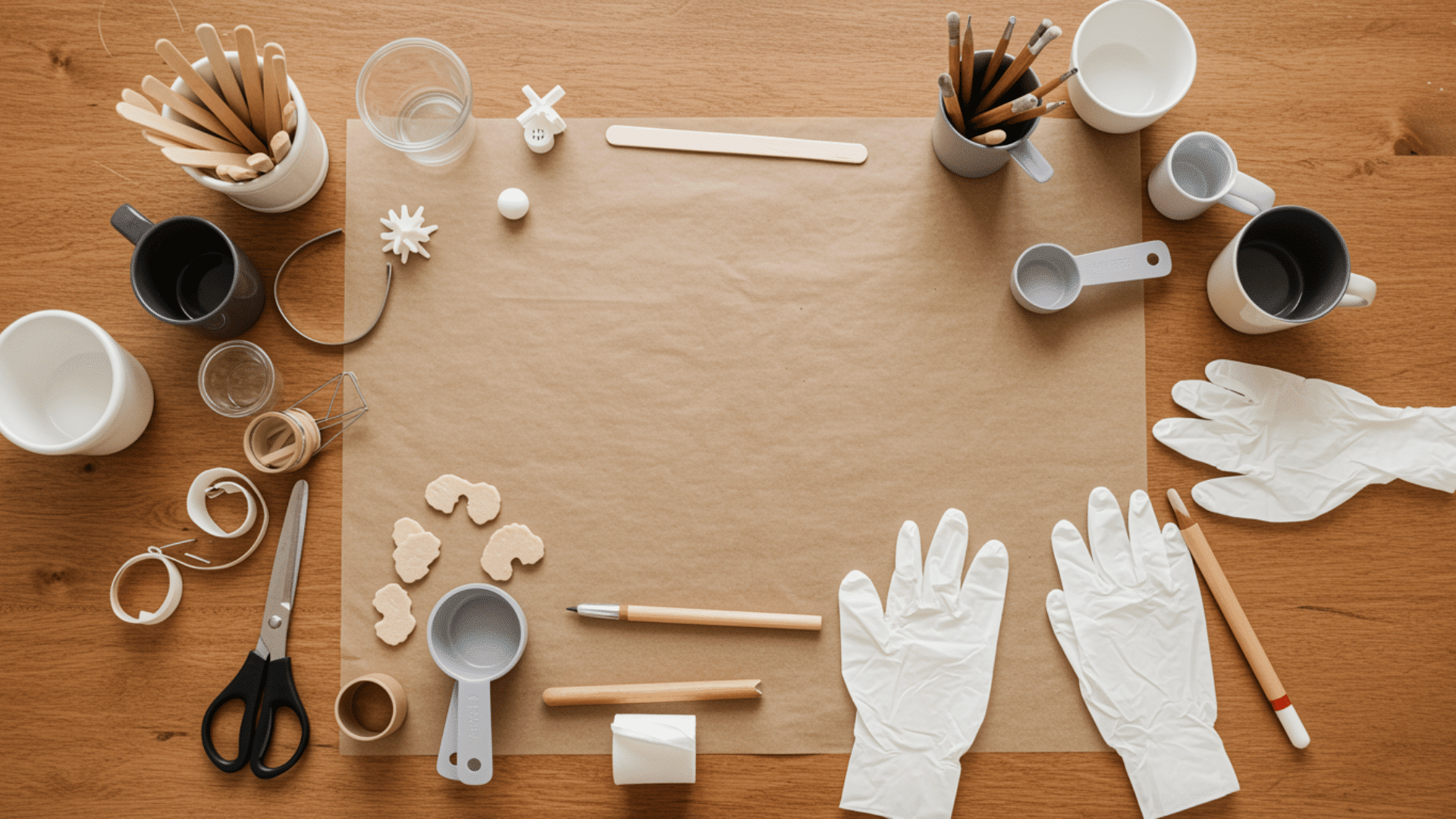 top-down view of a craft workspace covered with parchment paper on a wooden table, surrounded by scissors, measuring cups, sticks, gloves, and small containers ready for a DIY project.