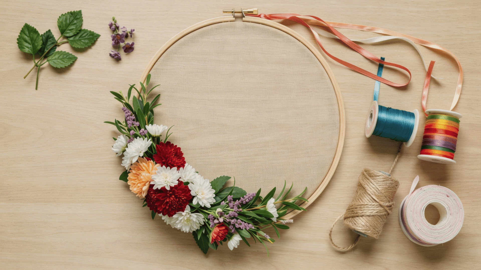 top-down view of an embroidery hoop with a half-circle of real red and white flowers and colorful spools of thread.