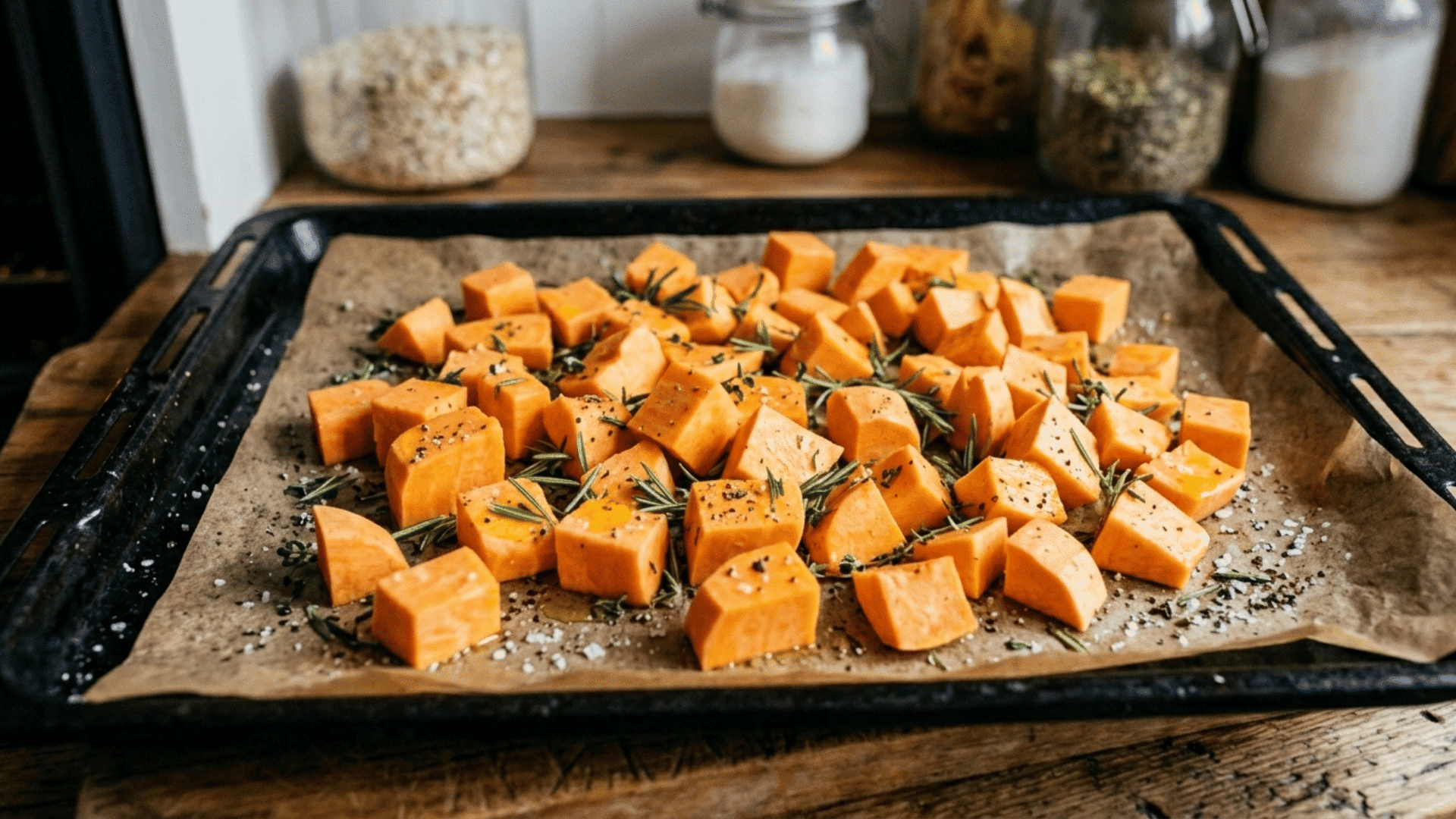 top-down view of spiced sweet potato cubes spread evenly on a dark metal baking sheet.