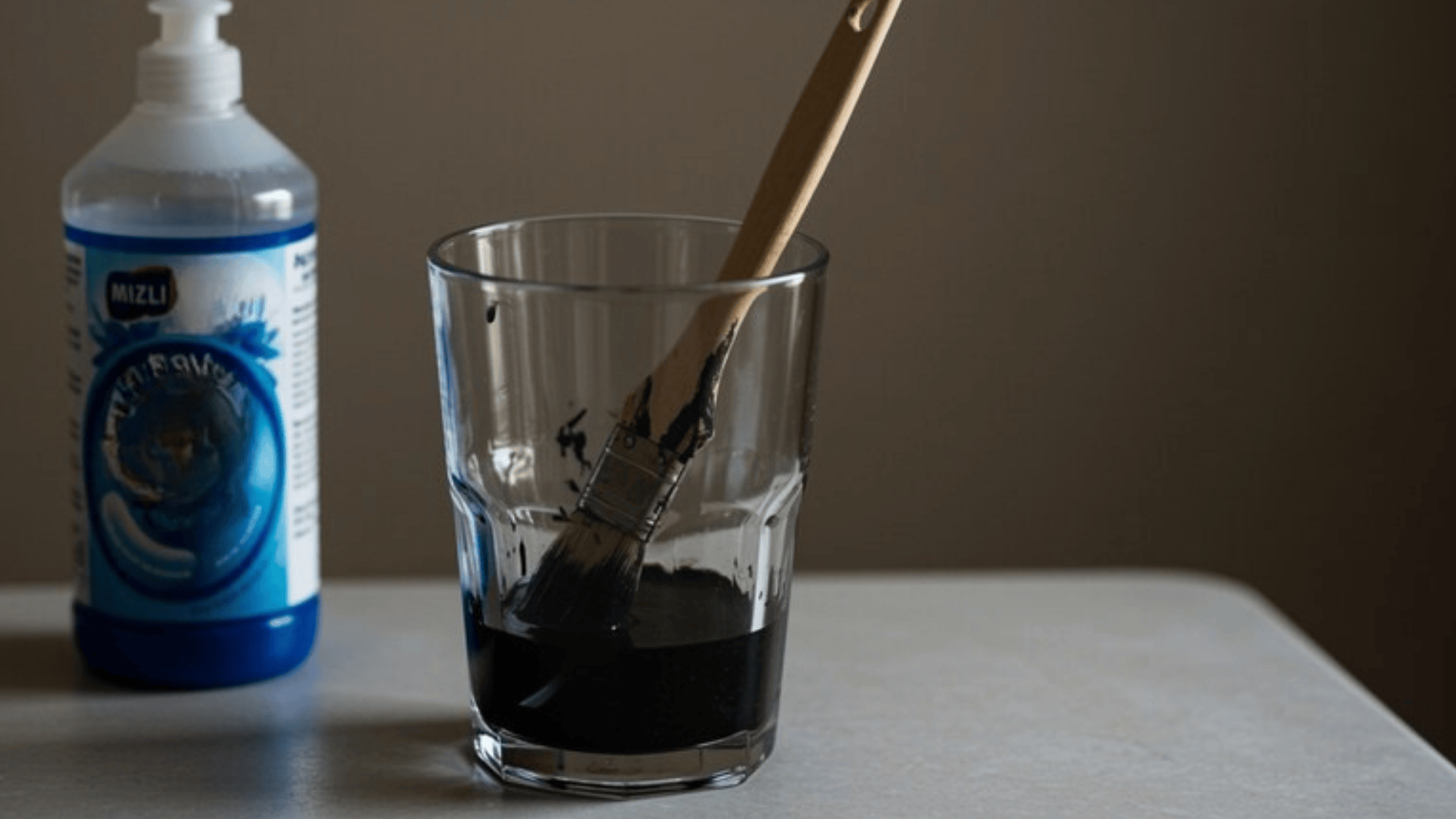 transparent glass of black paint with a brush inside, dish soap bottle on table, soft neutral backdrop