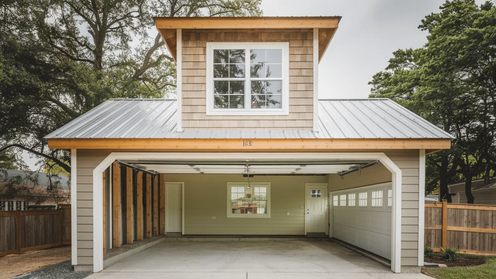 two car garage with open door metal roof dormer window above wood siding and concrete driveway surrounded by trees