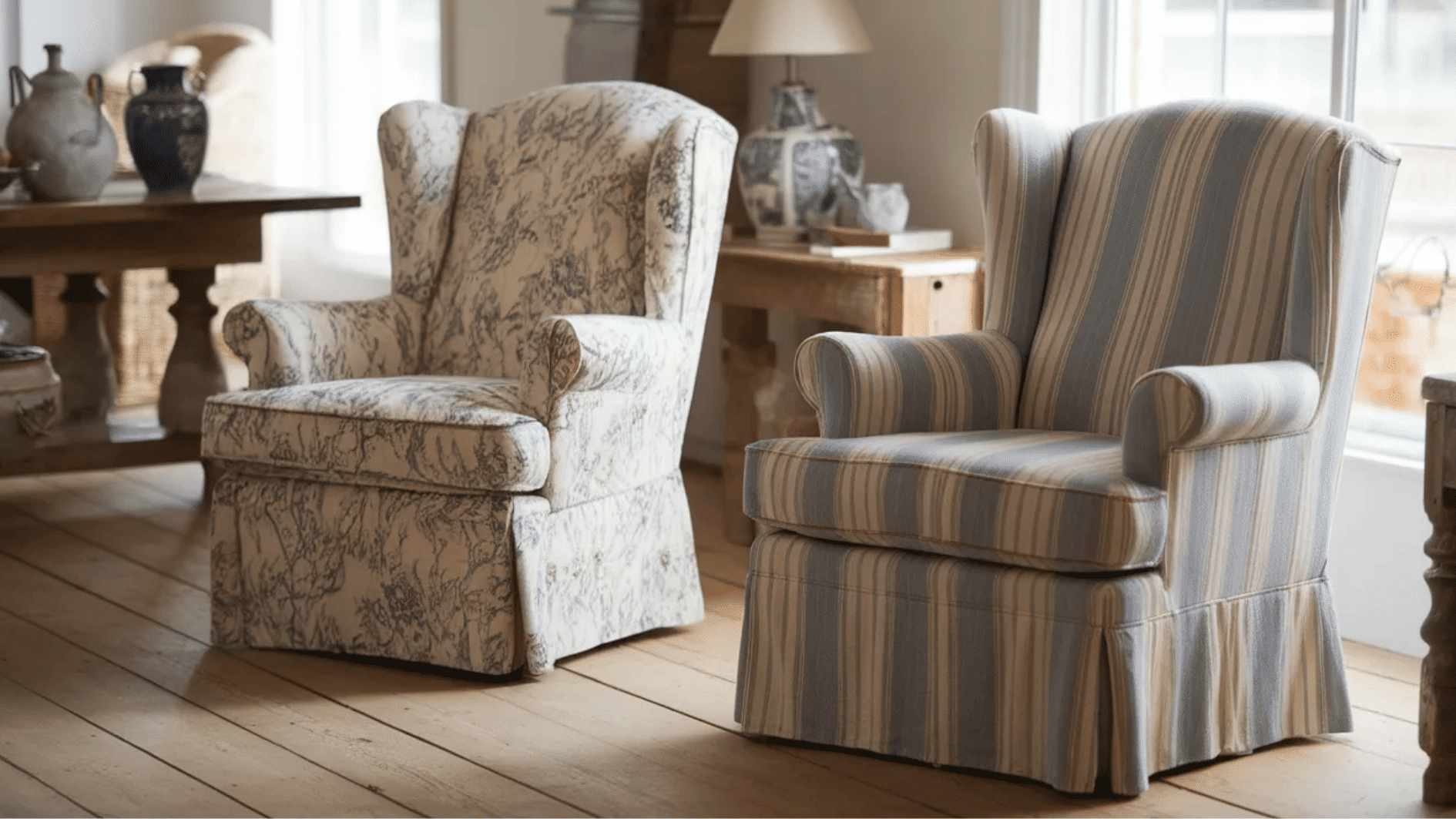 two comfortable armchairs with different fabric patterns, placed in a cozy, well-lit living room setting
