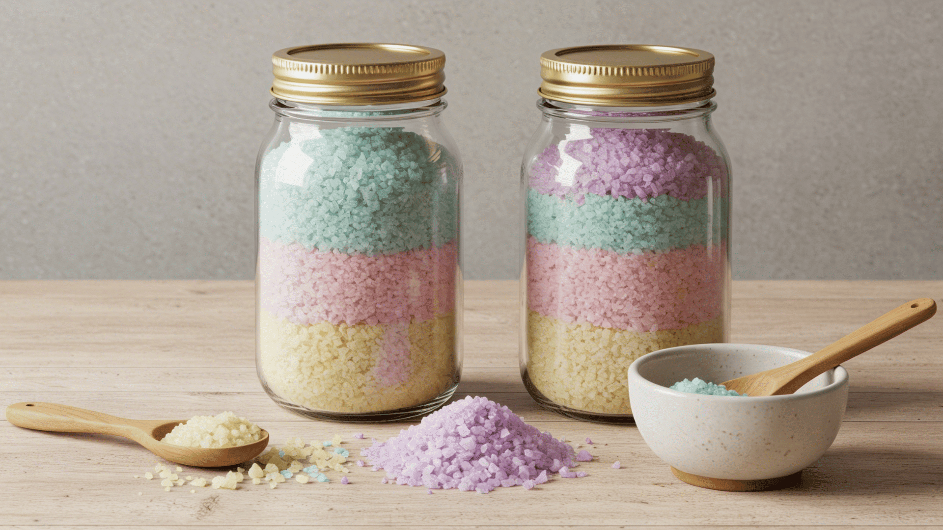 two glass jars filled with layered pastel-colored bath salts sit on a wooden surface with a small bowl and wooden spoons.
