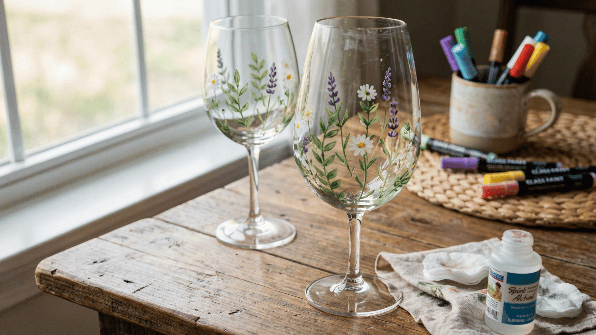 two hand-painted wine glasses featuring floral designs sit on a wooden table alongside glass paint markers and rubbing alcohol.