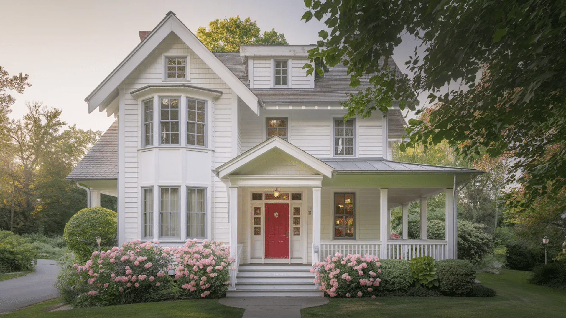 two story white house with red front door covered porch bay window and blooming pink hydrangea bushes in front yard