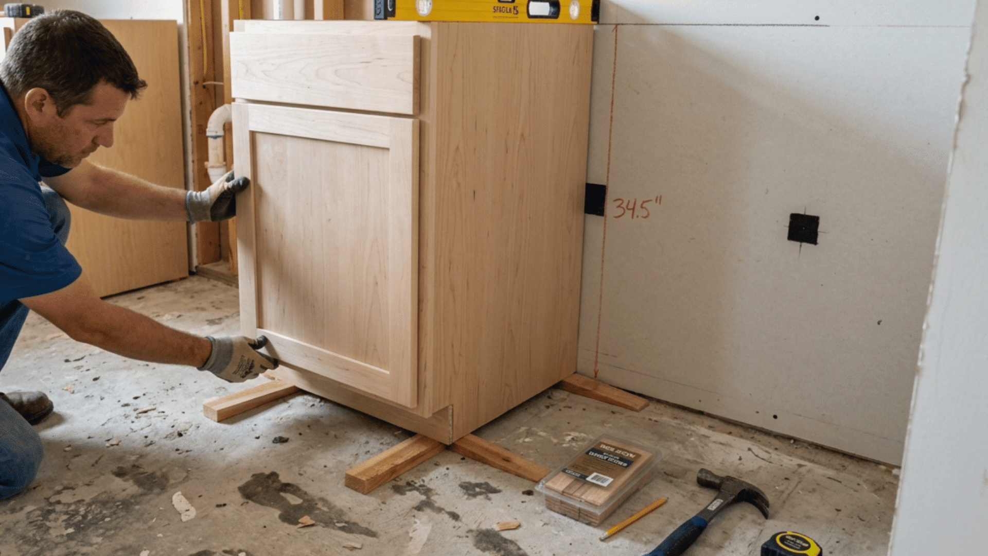 using a level to check and adjust the alignment of a base cabinet, ensuring proper front-to-back and side-to-side levels