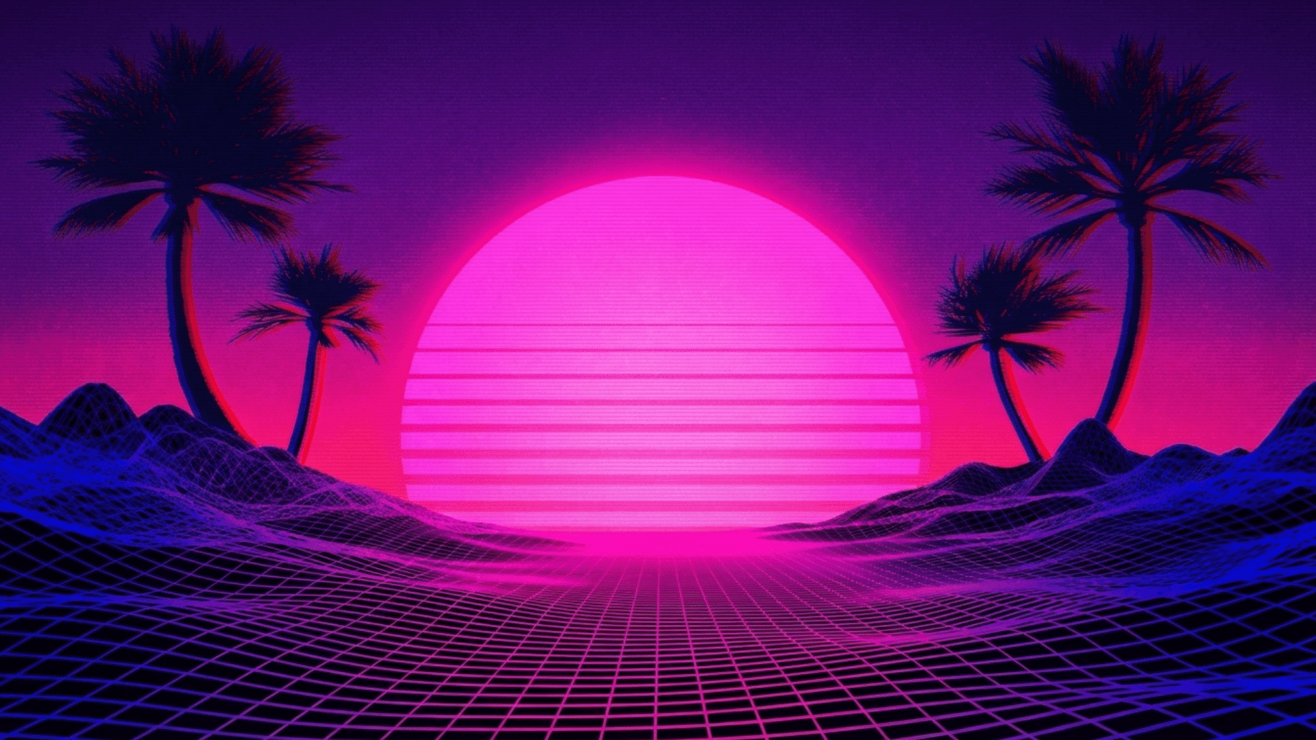vaporwave digital artwork with neon pink sunset, retro grid landscape, glowing sky, and nostalgic computer graphics