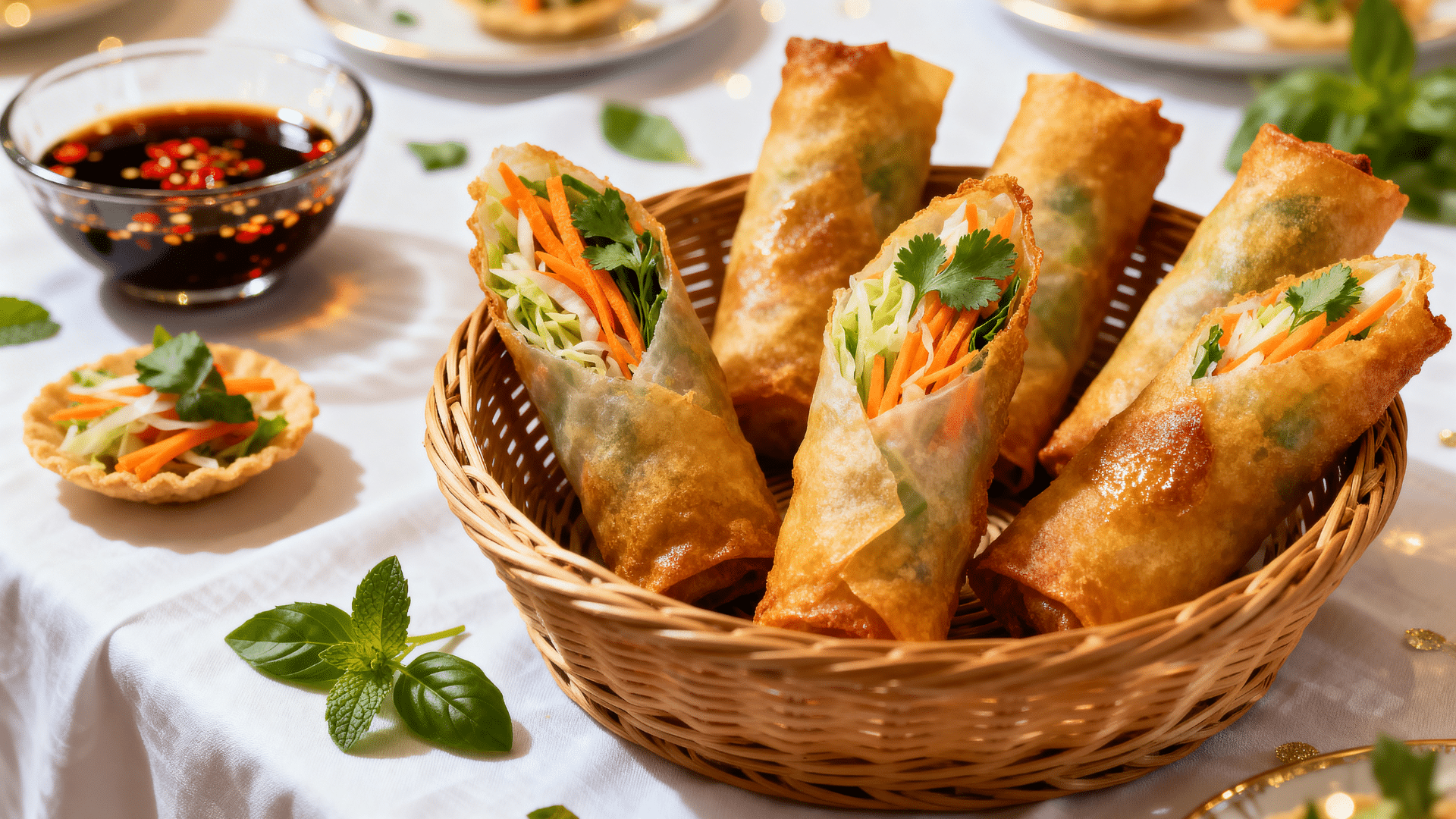 vegetable spring rolls baked crispy in a basket and served with sweet chili sauce in a small bowl