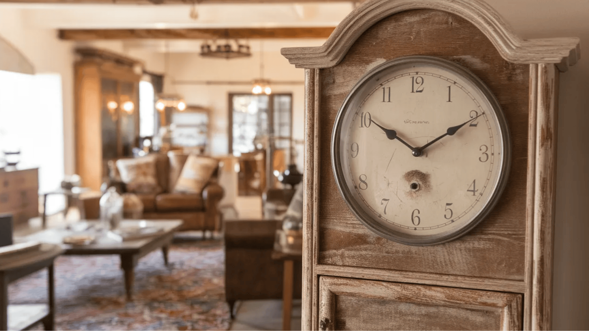 vintage wall clock with a rustic wooden frame, set against a cozy living room backdrop with leather seating and a patterned rug