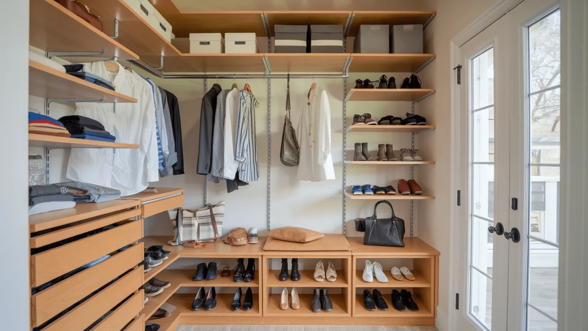 walk in closet with wooden shelves hanging clothes organized shoes storage boxes drawers bench and glass door leading outside