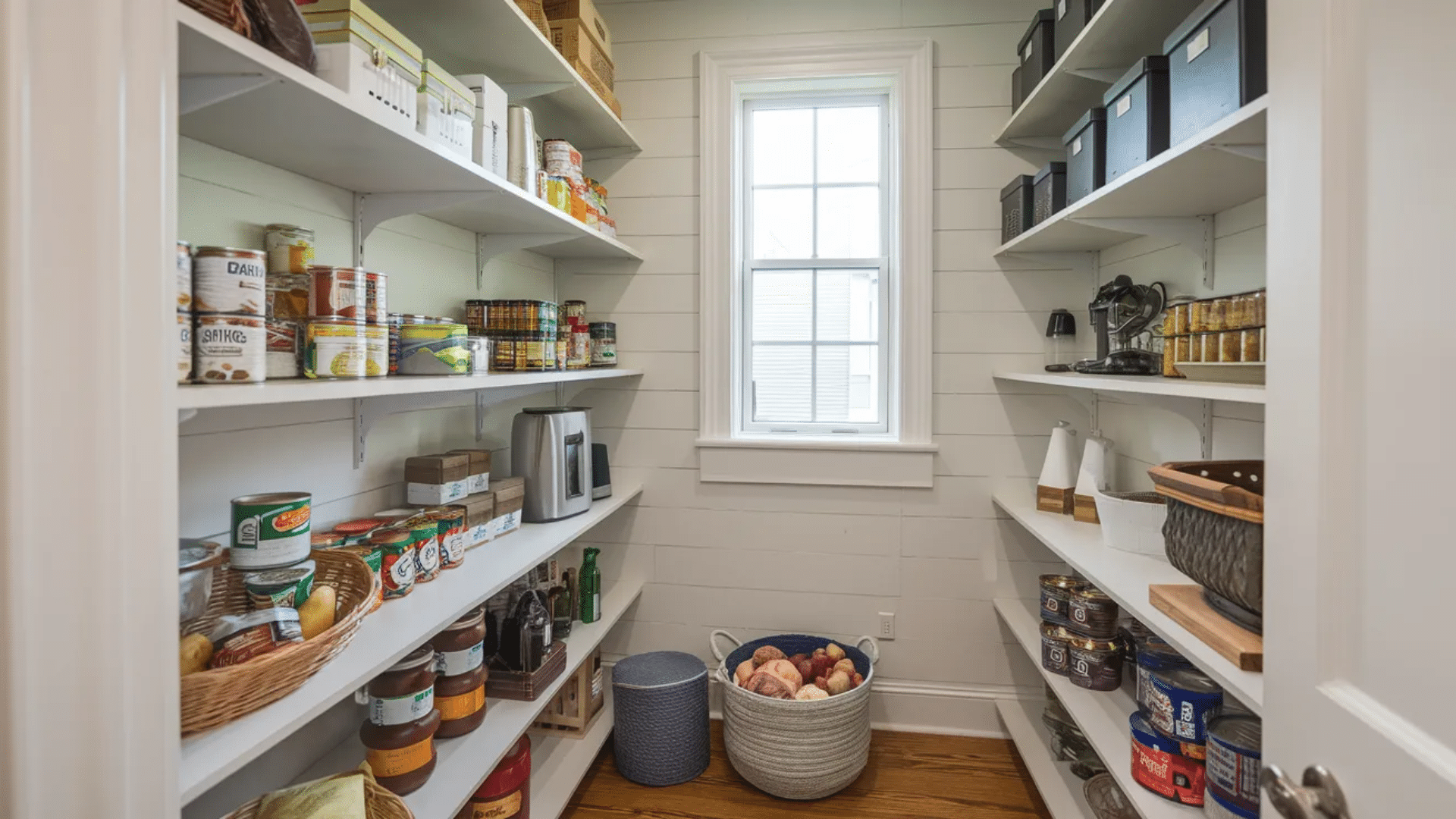 walk in pantry with white shelves stocked with canned food jars storage boxes small appliances and window above wooden floor