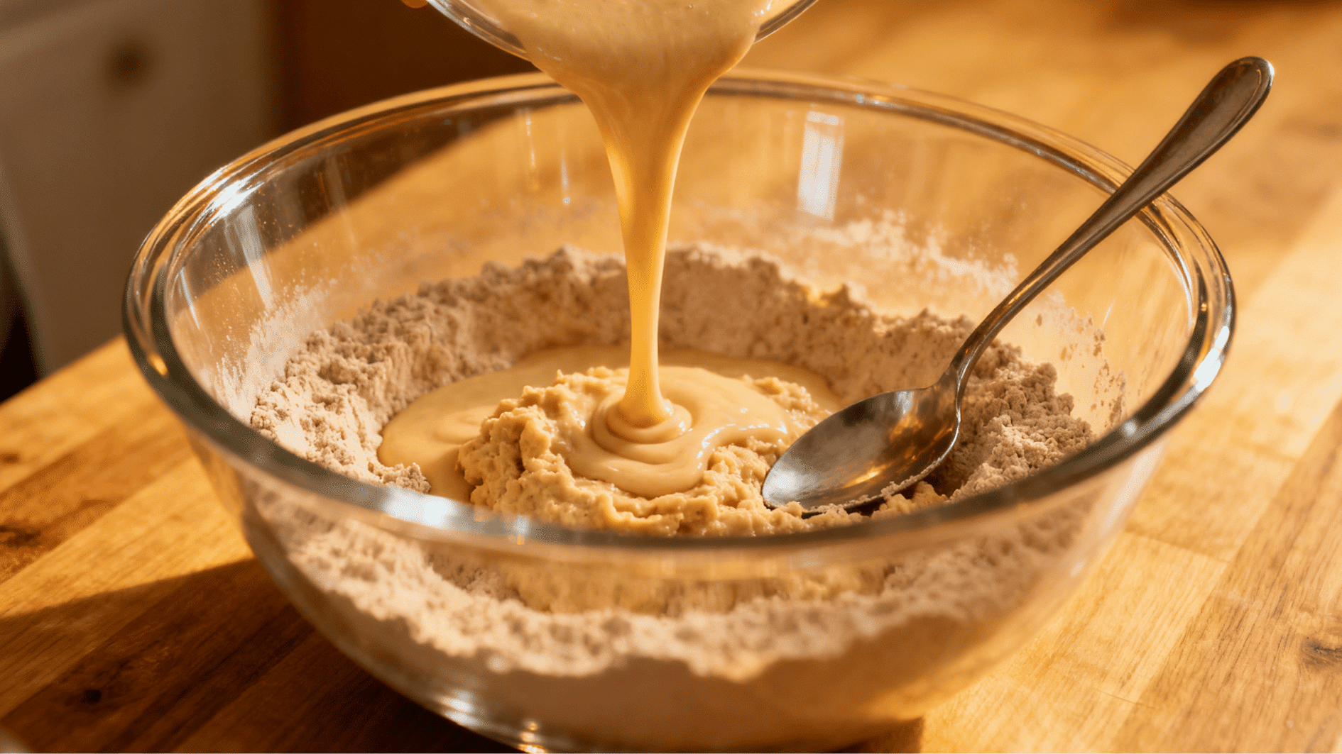 wet pancake mixture being poured slowly into a bowl of dry flour ingredients to prepare the batter for homemade pancakes