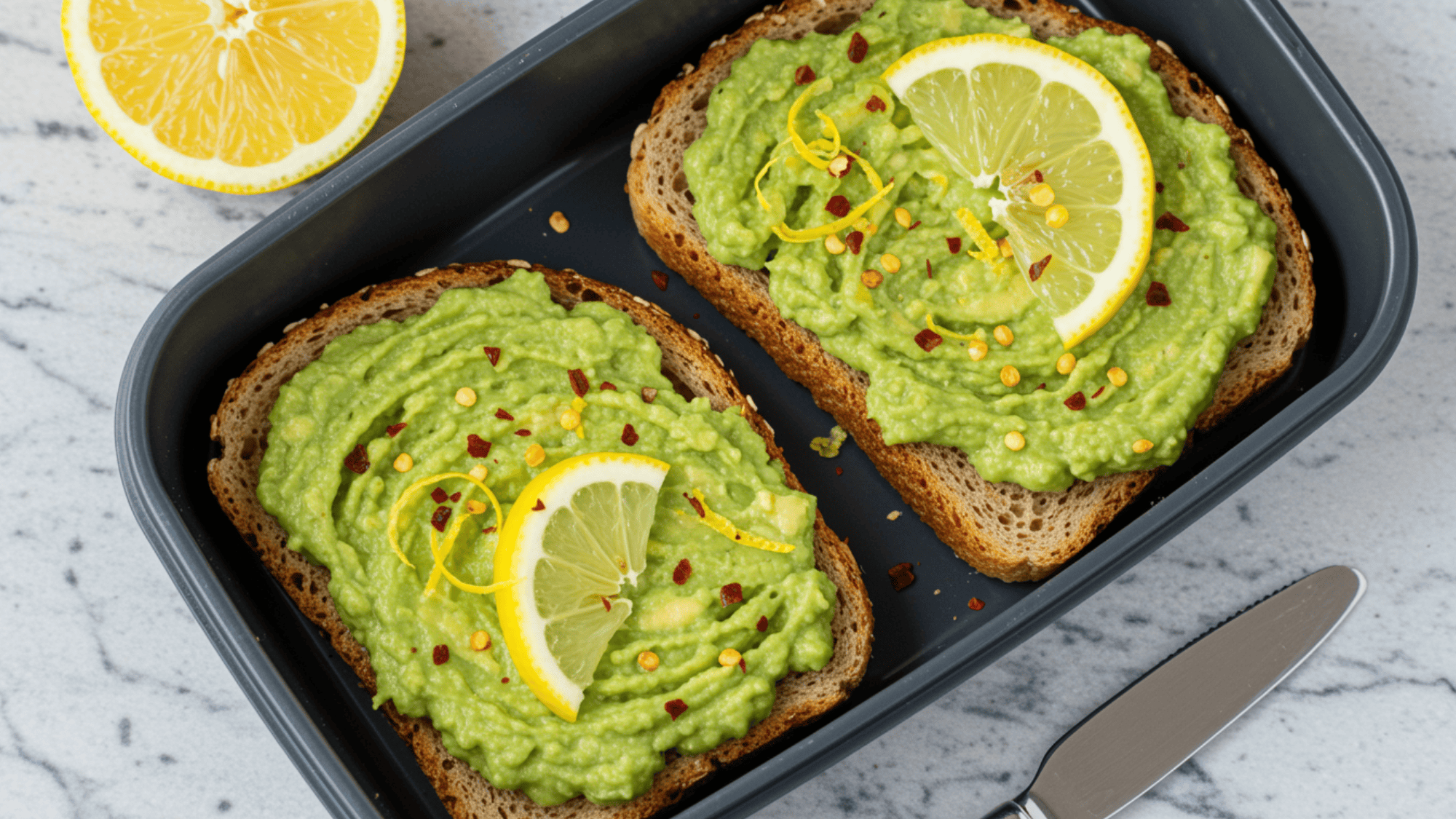 whole grain toast topped with creamy mashed avocado in a lunchbox, finished with lemon zest and chili flakes