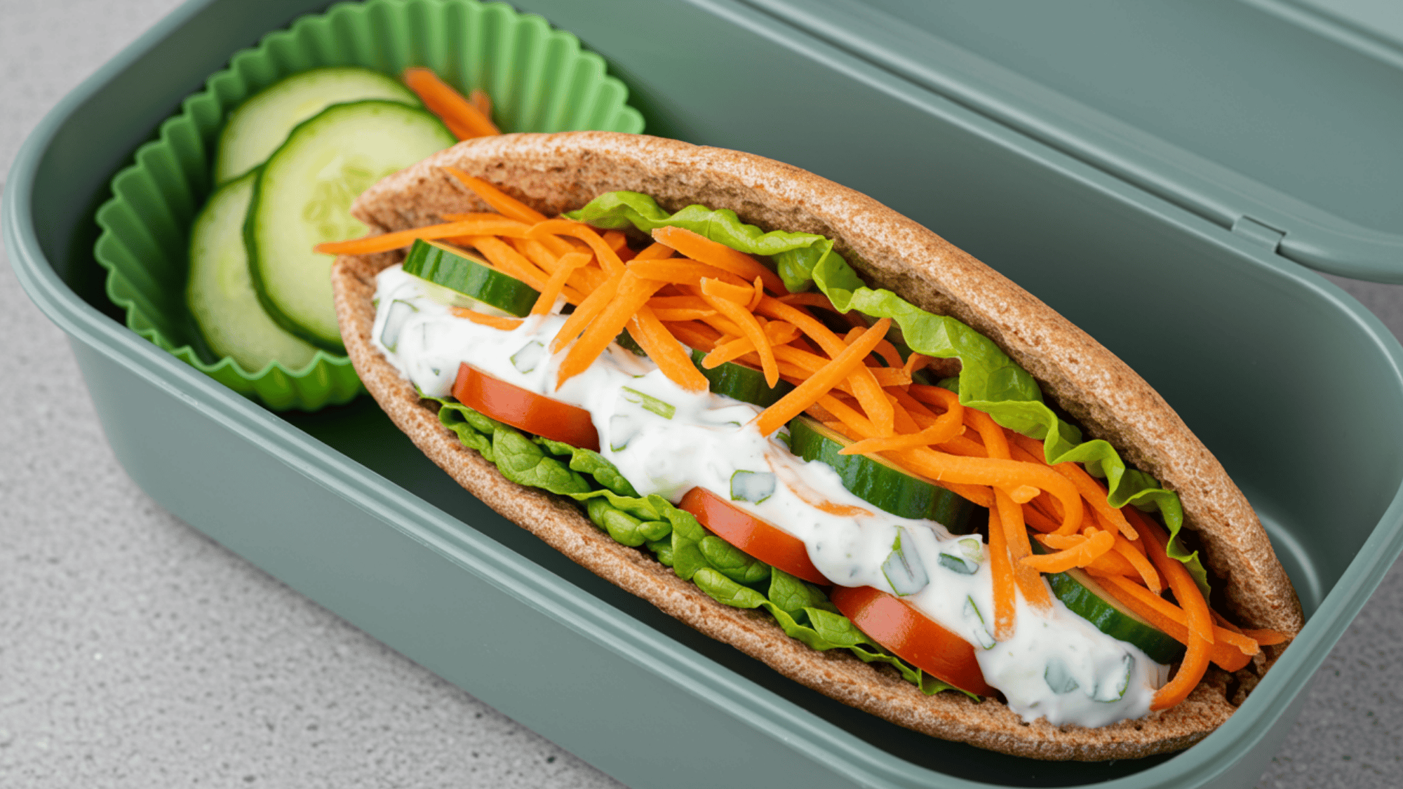 whole wheat pita stuffed with shredded carrots, cucumber, lettuce and herbed yogurt dressing, in a lunchbox
