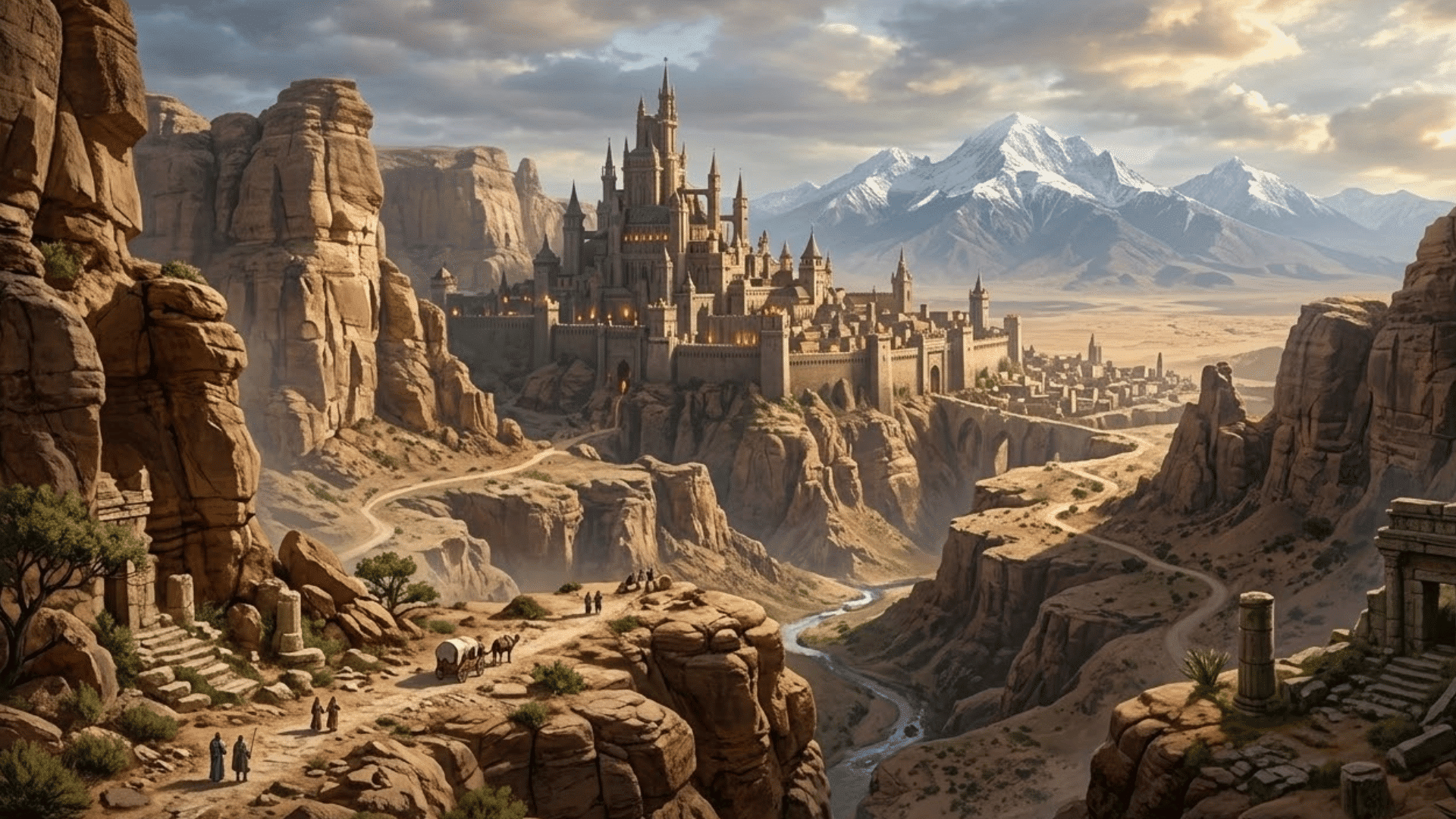 wide-angle matte painting of a fantasy desert castle in a canyon with rocky cliffs, a river, and snow-capped mountains.