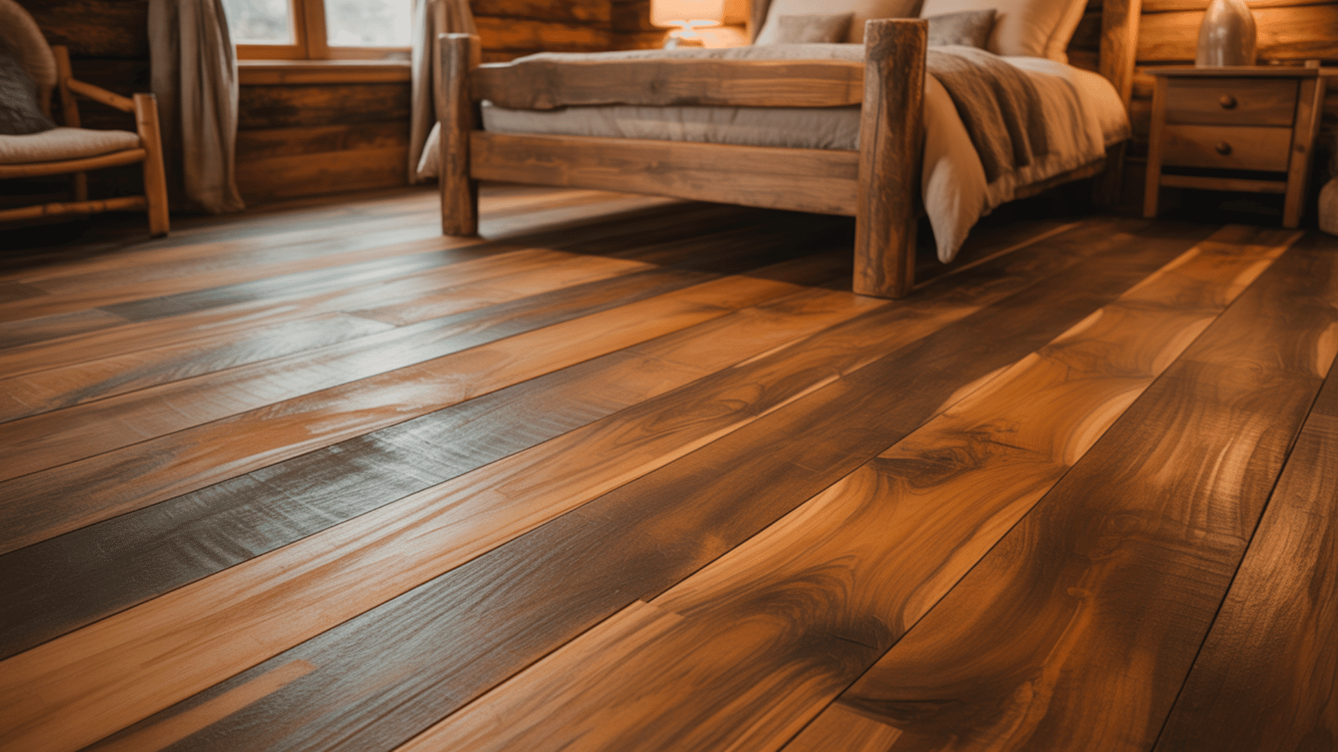 wooden floor of a rustic cabin bedroom with a bed and soft lighting from a window.