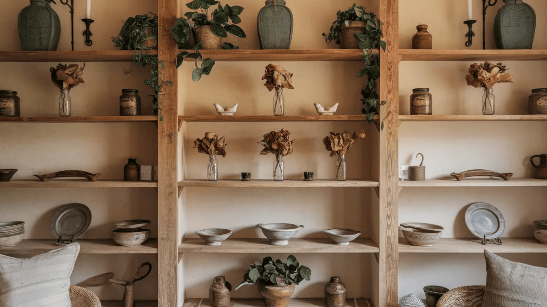 wooden shelves with a rustic display of vases, dried flowers, pottery, and plants, adding a natural touch to the space