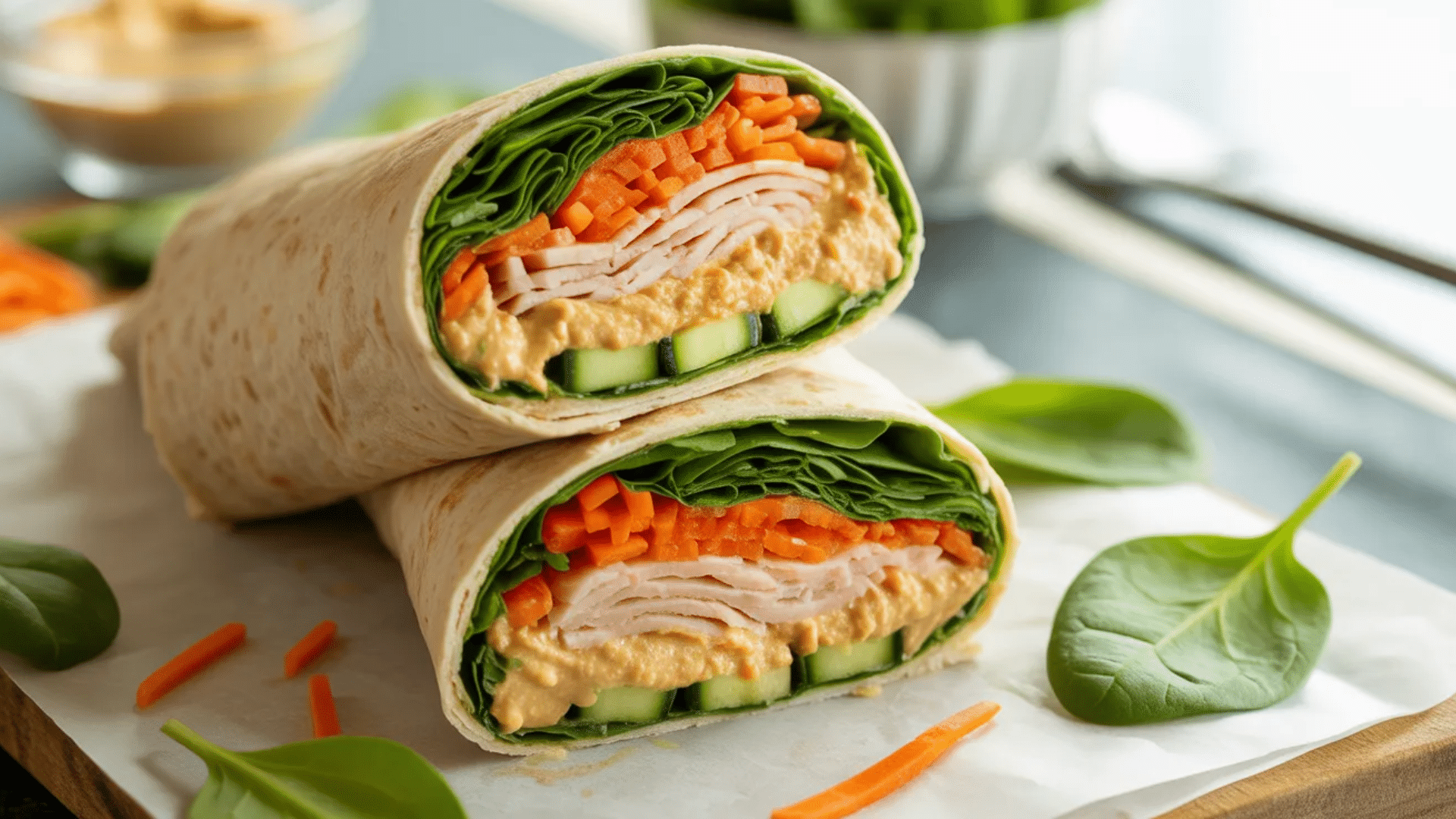 wrap sandwich filled with turkey spinach shredded carrots cucumber and hummus sliced in half on parchment paper with greens nearby