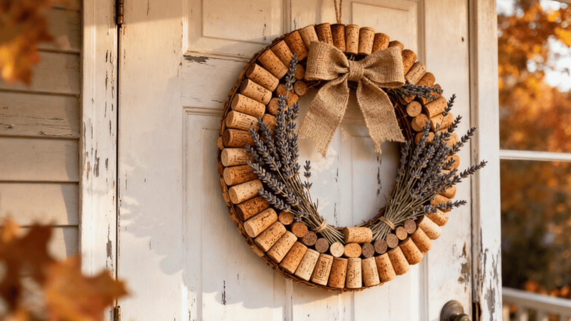 wreath made entirely of wine corks on a round form, decorated with dried lavender and a burlap bow