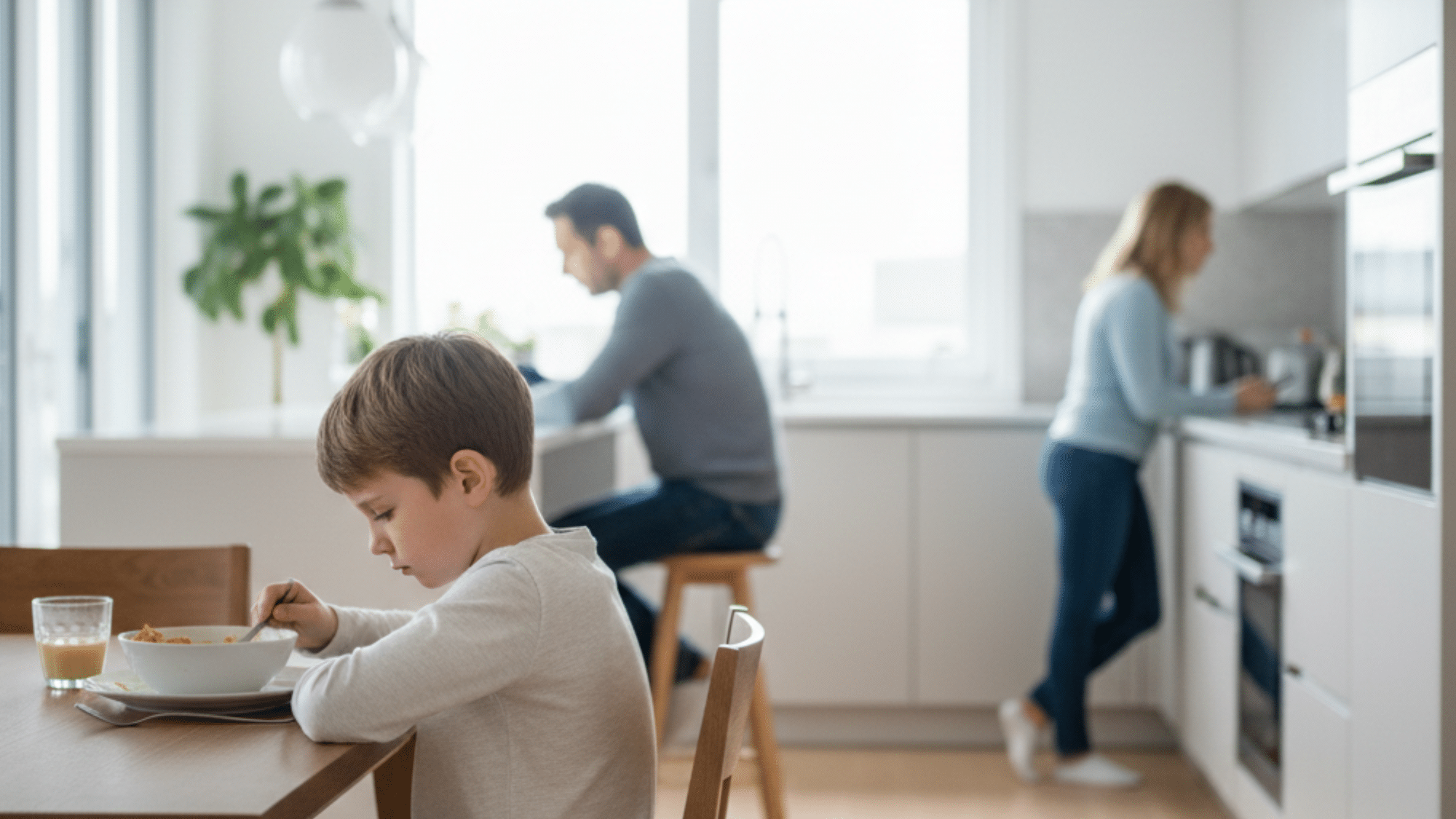 young boy eating alone at the kitchen table while his parents are in the background, each absorbed in their own tasks