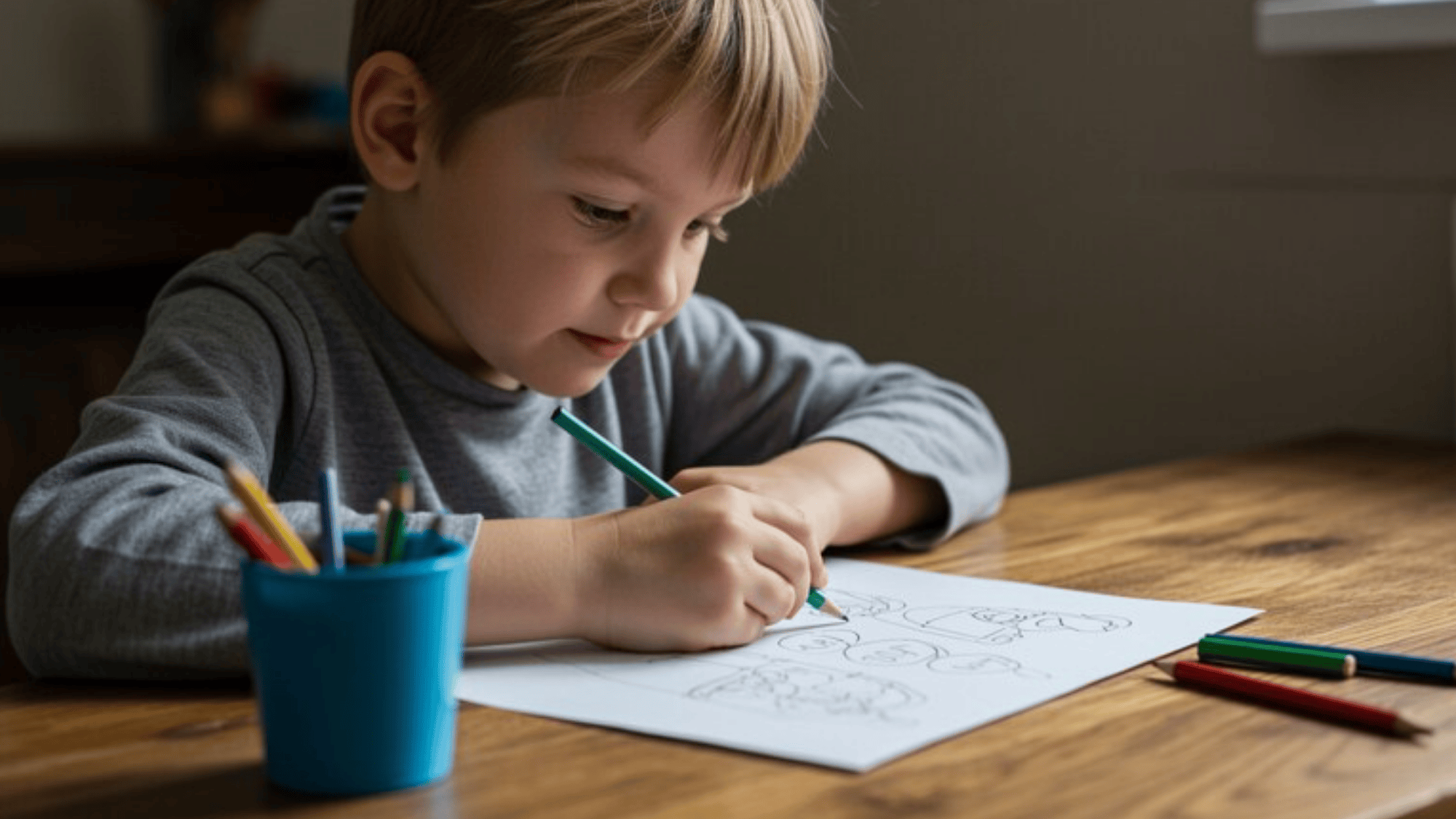 young child coloring on paper with colored pencils, focused on their artwork