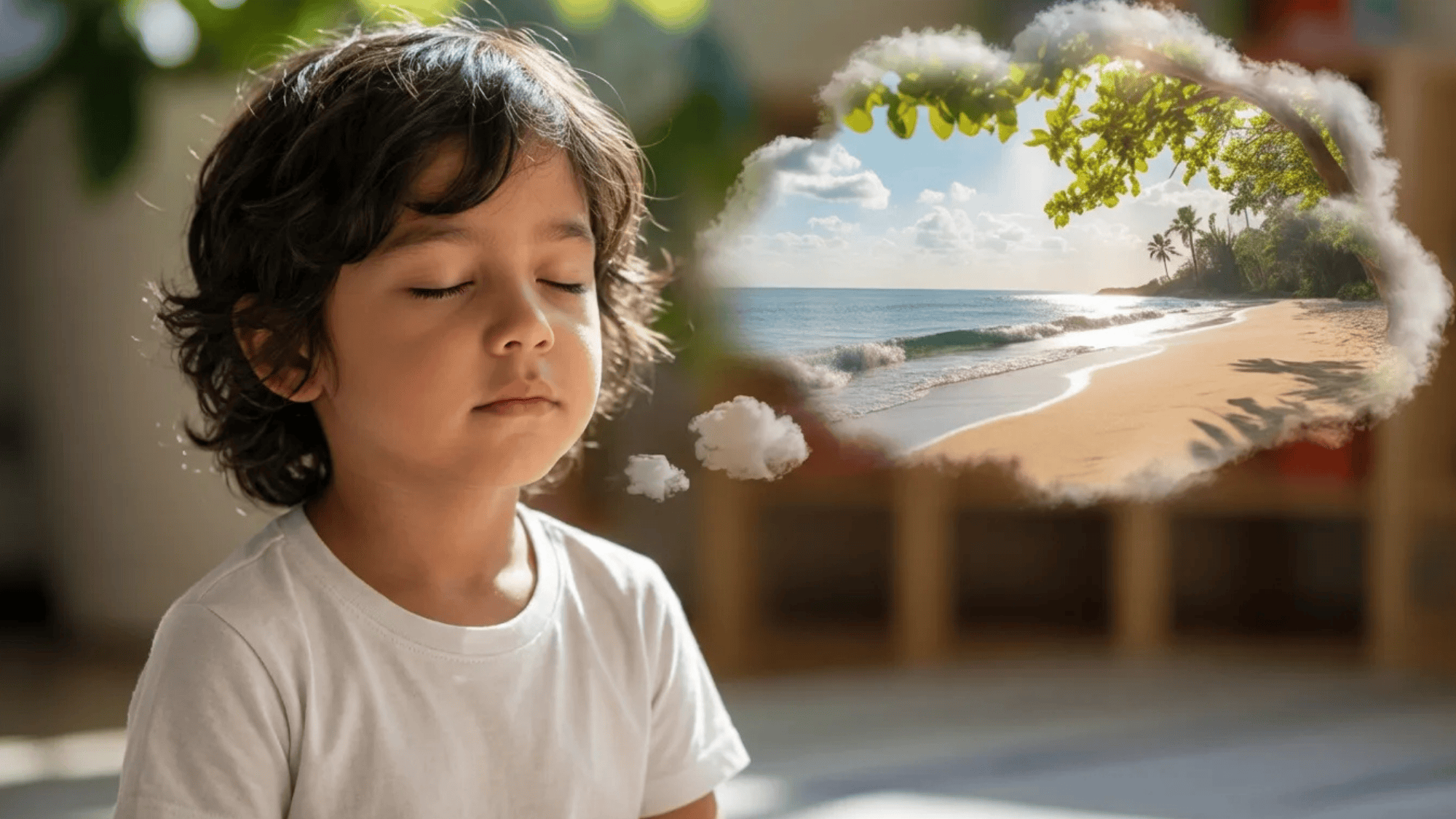 young child meditating with their eyes closed, imagining a peaceful beach scene