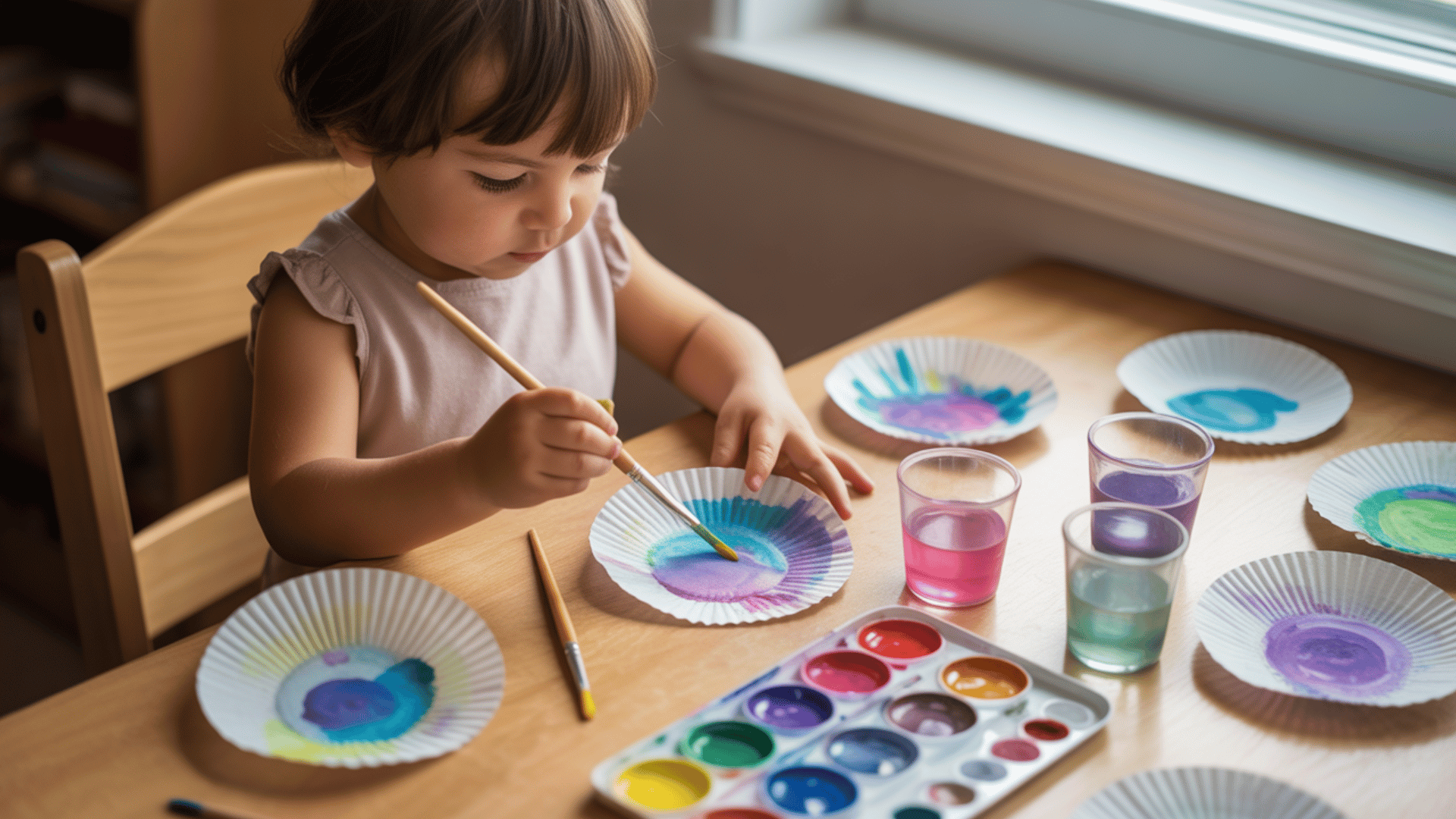 young child painting coffee filters with watercolor, surrounded by colorful cups and paint palette