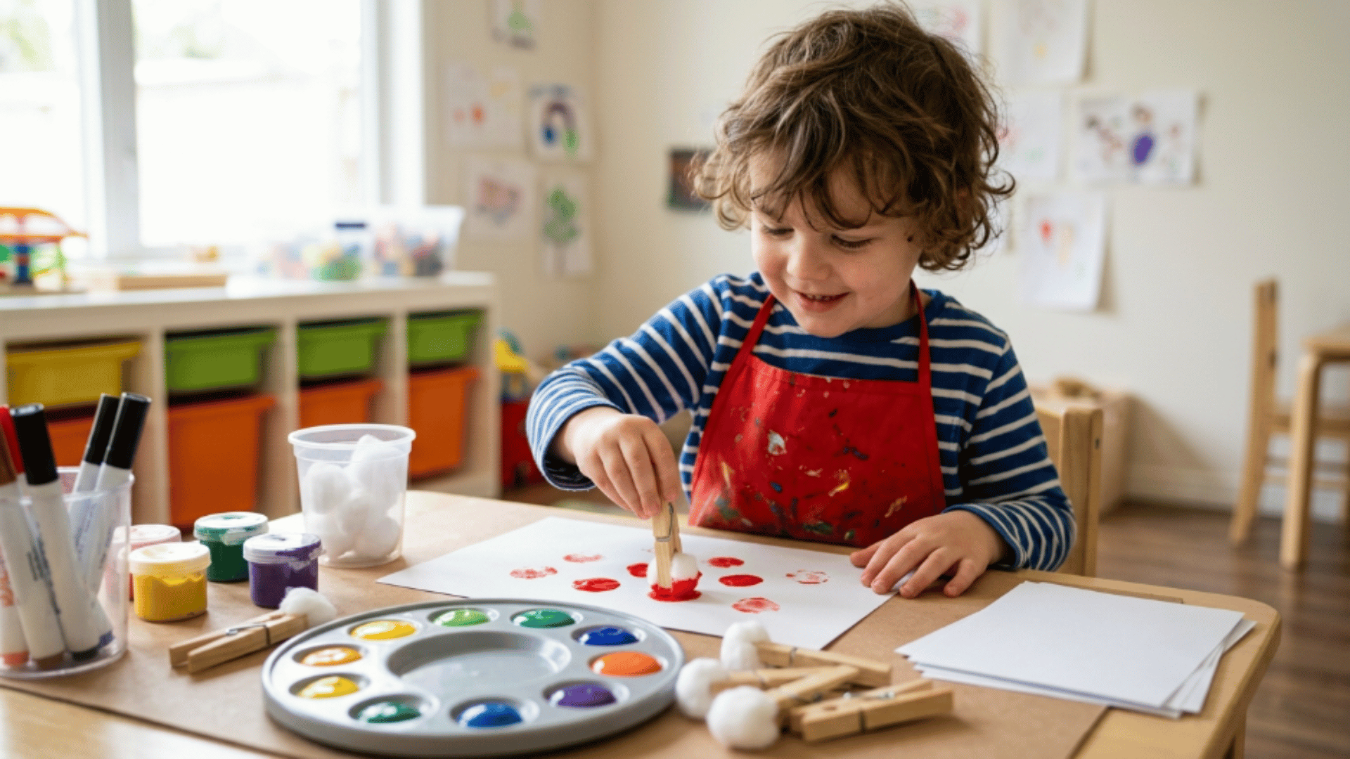 young child painting on paper using cotton balls clipped to clothespins with colorful paint trays on craft table