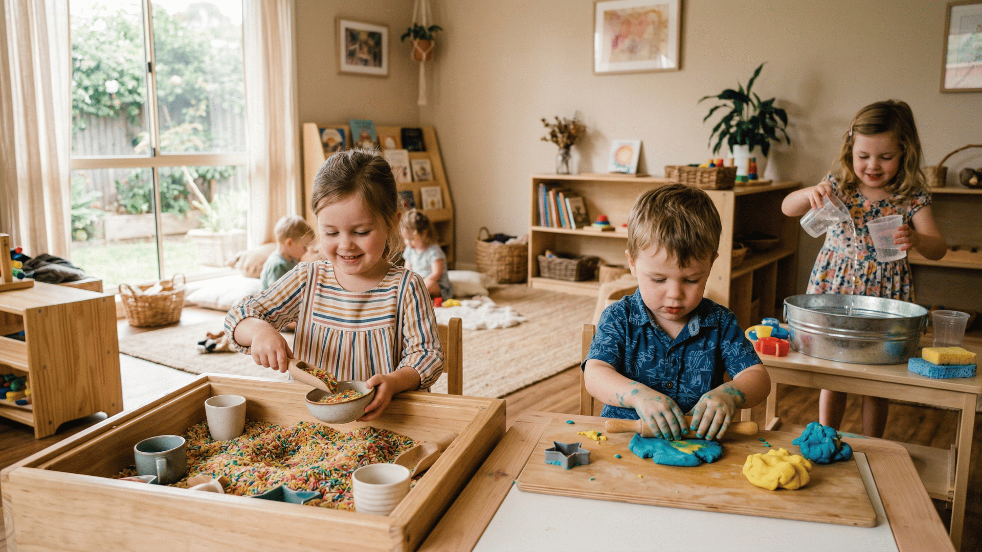 young children playing with sensory activities like colorful rice, playdough, and water in a bright classroom.