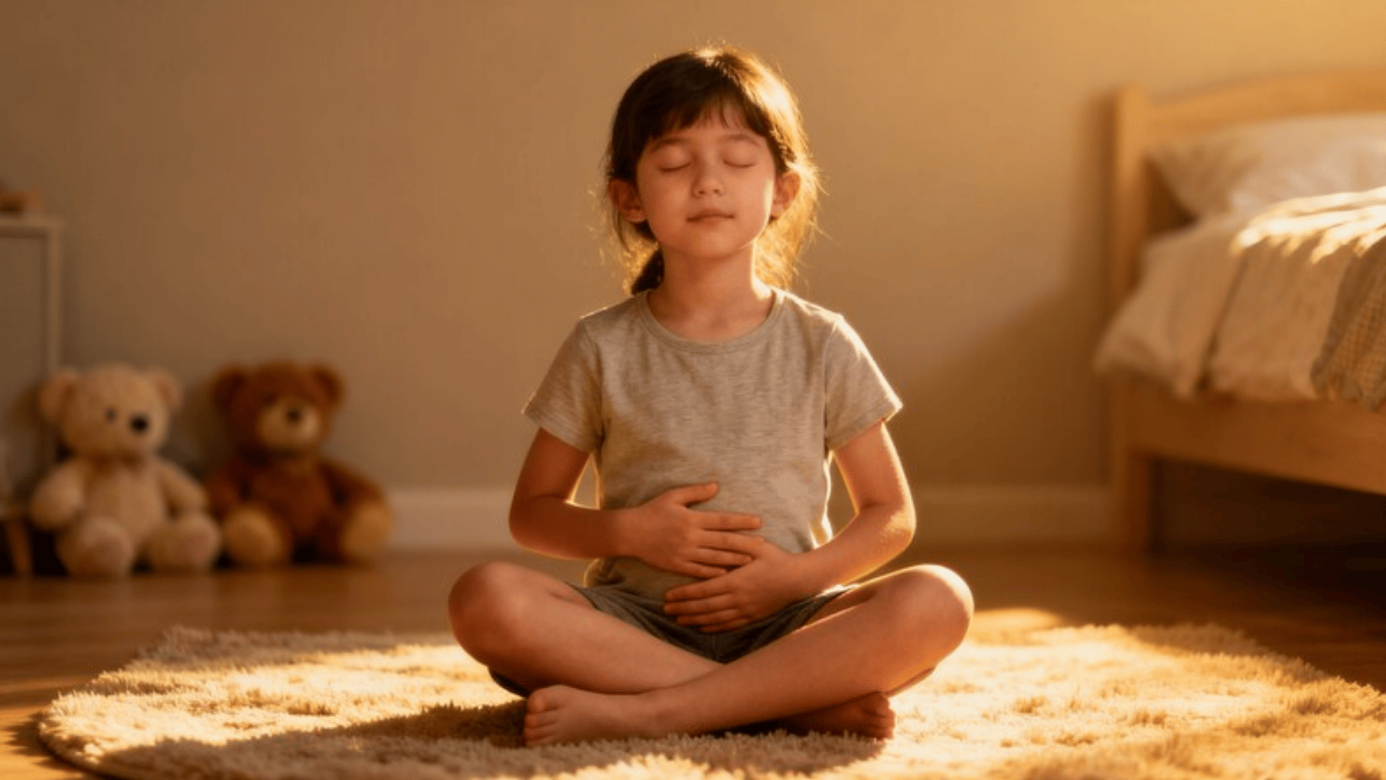 young girl meditating on a rug in a peaceful, sunlit room