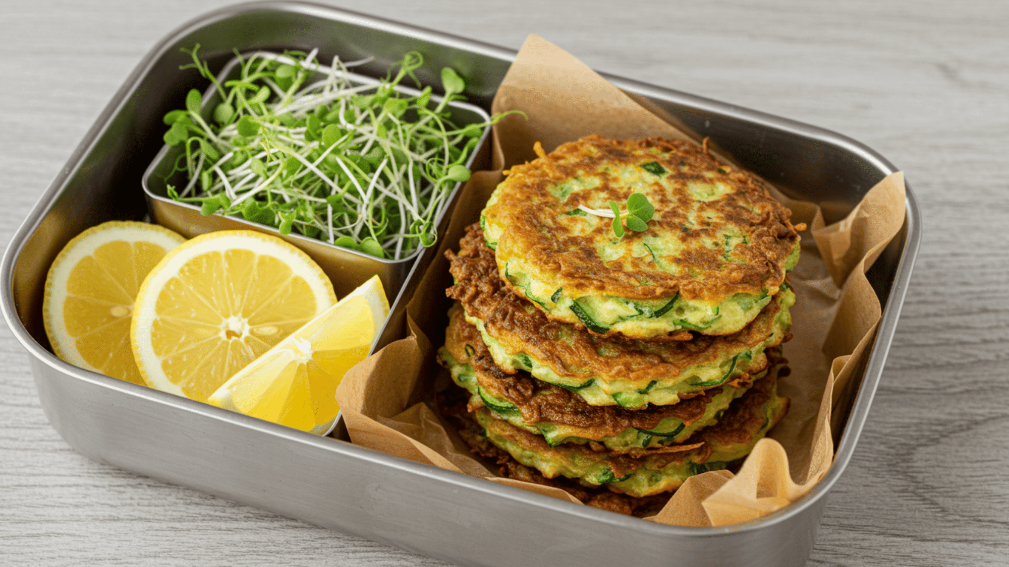 zucchini fritters in a lunchbox, neatly stacked with lemon wedges and microgreens, warm golden crust