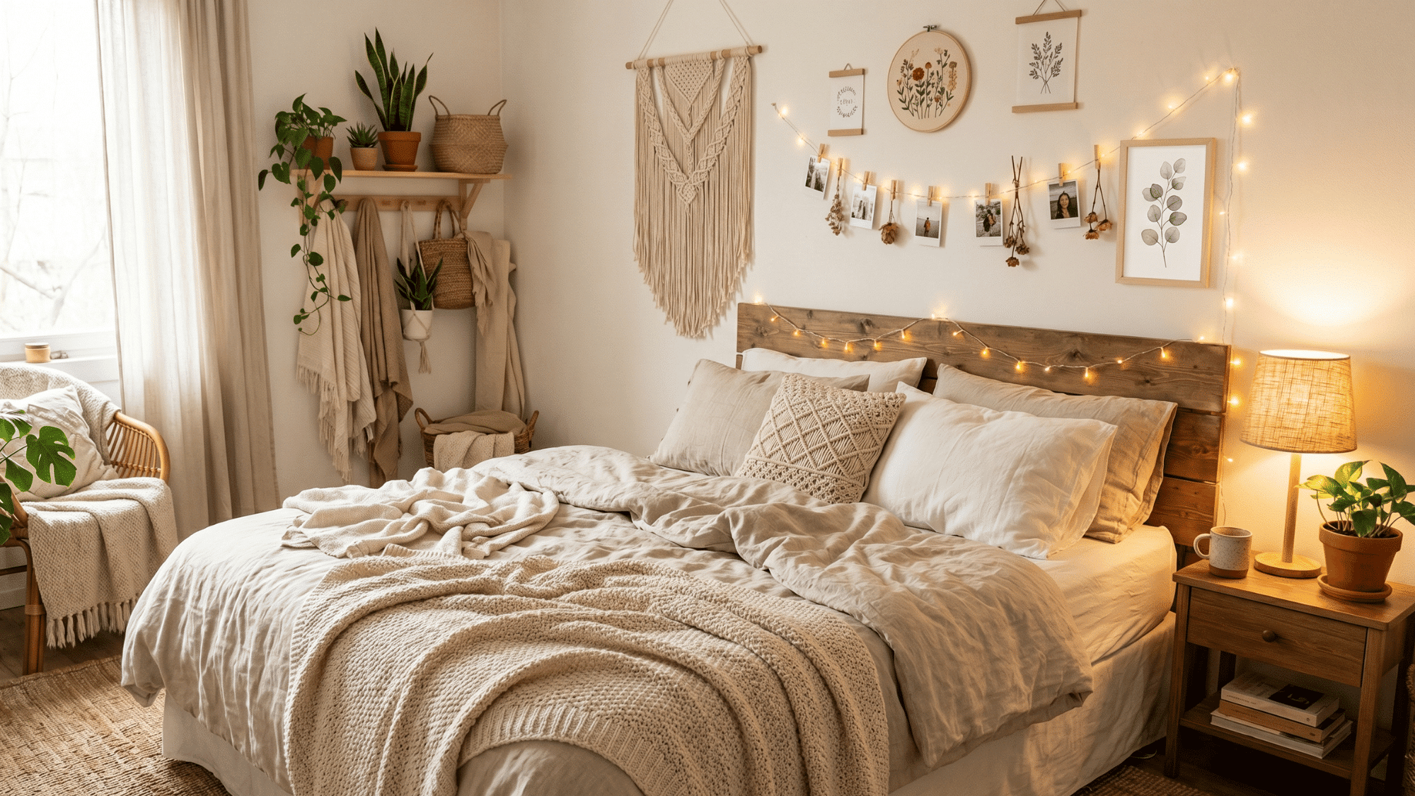 A cozy bedroom setup with DIY decor elements, fairy lights, soft bedding, handmade wall decor, neutral tones