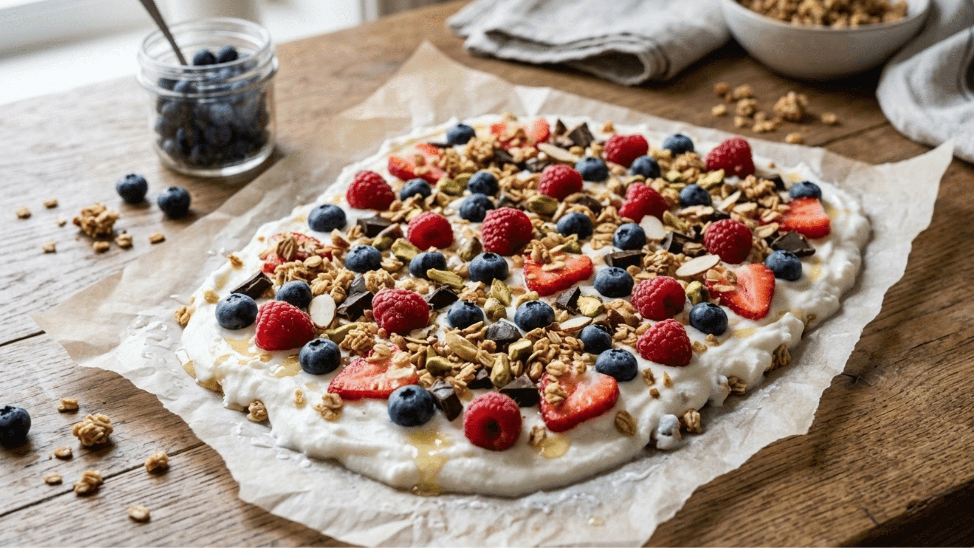 Greek yogurt bark topped with berries and granola for a healthy frozen treat
