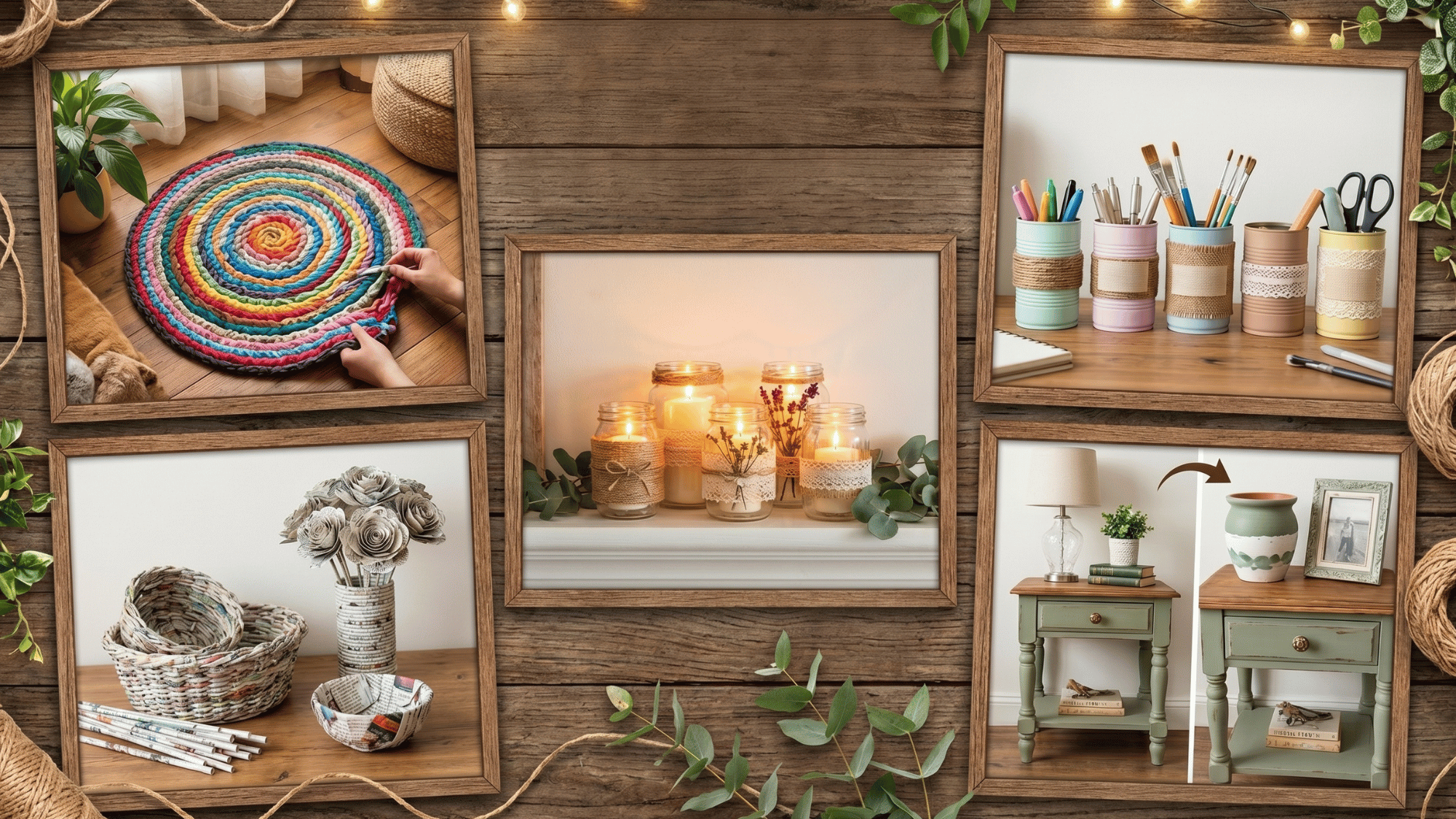 a beautiful collage of t shirt Rugs, tin can organizers, diy candle holders, newspaper crafts, thrift flip decor representing diy home decor ideas