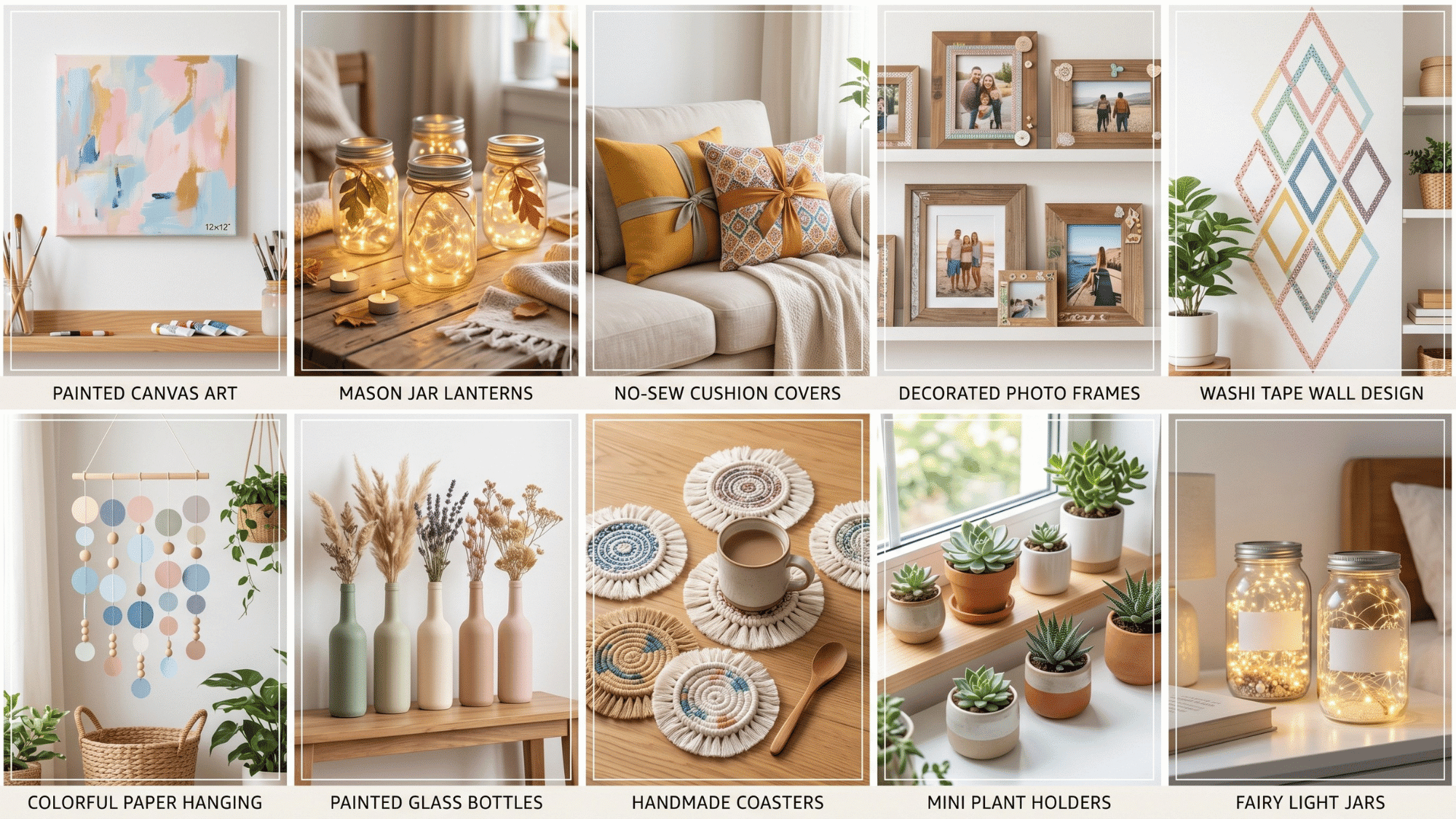 a beautiful ten grid collage showcasing easy and beginner friendly diy home decor ideas