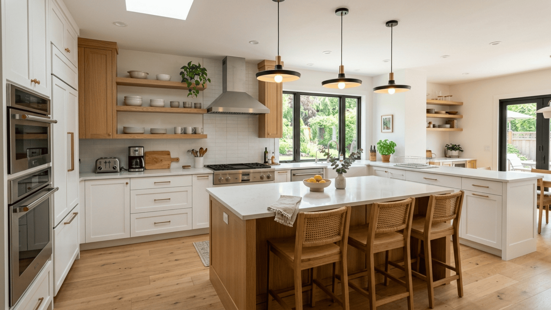 a bright modern kitchen with white cabinetry, a large island, pendant lighting, and natural light from a wide window above the sink