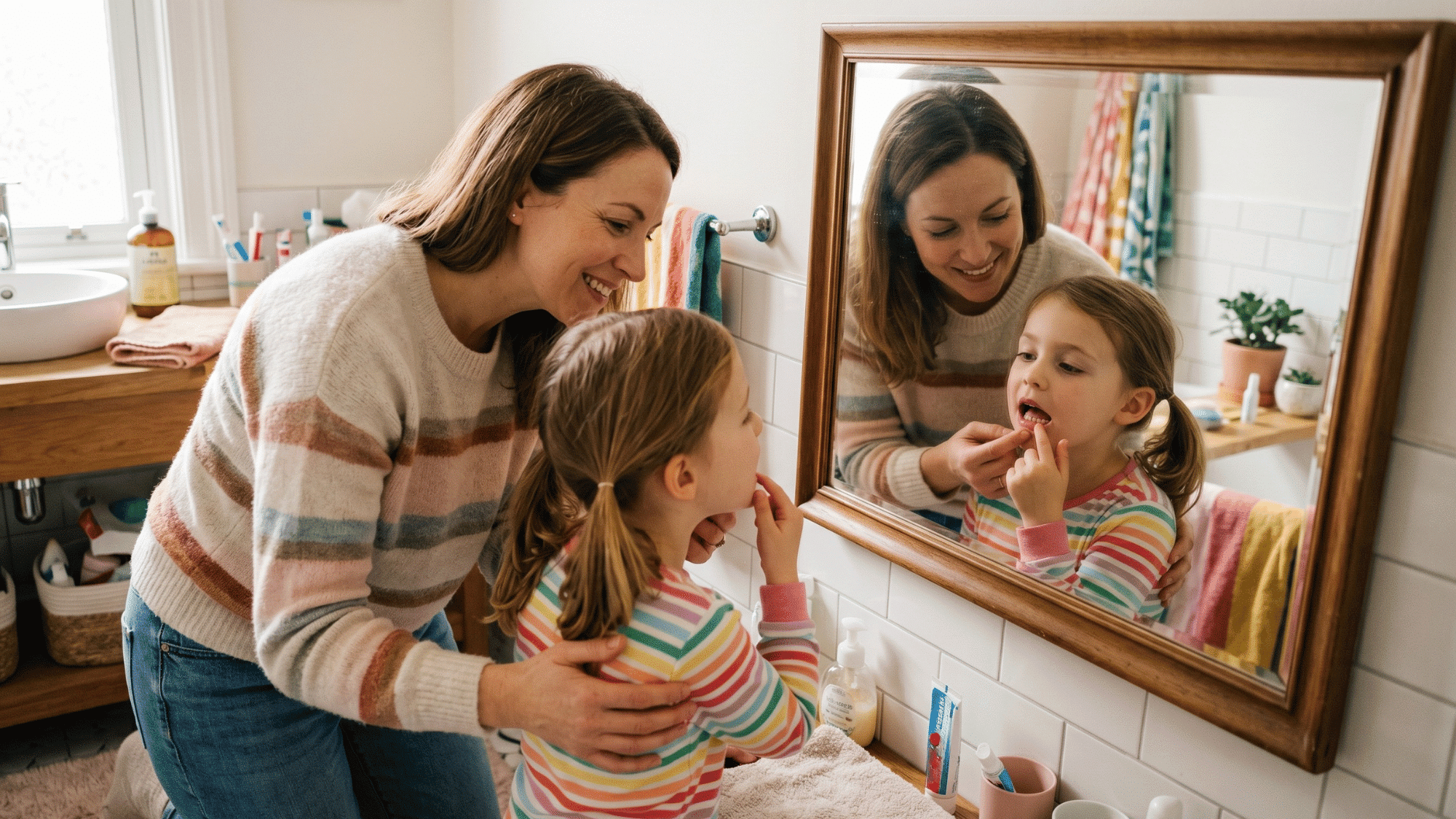 a caring parent looking at her child's missing tooth in a bathroom