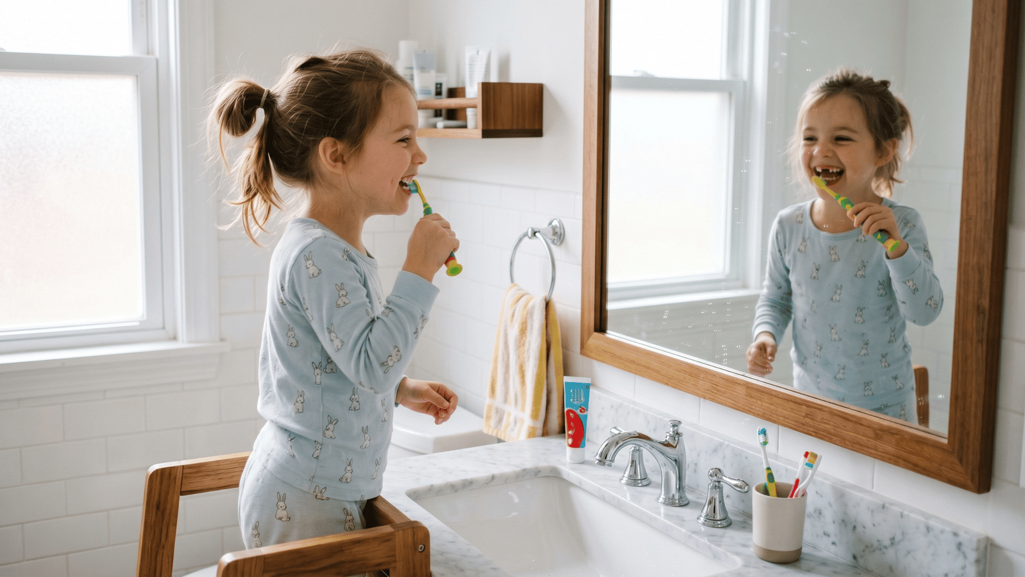 a child brushing her teeth in front of a mirror